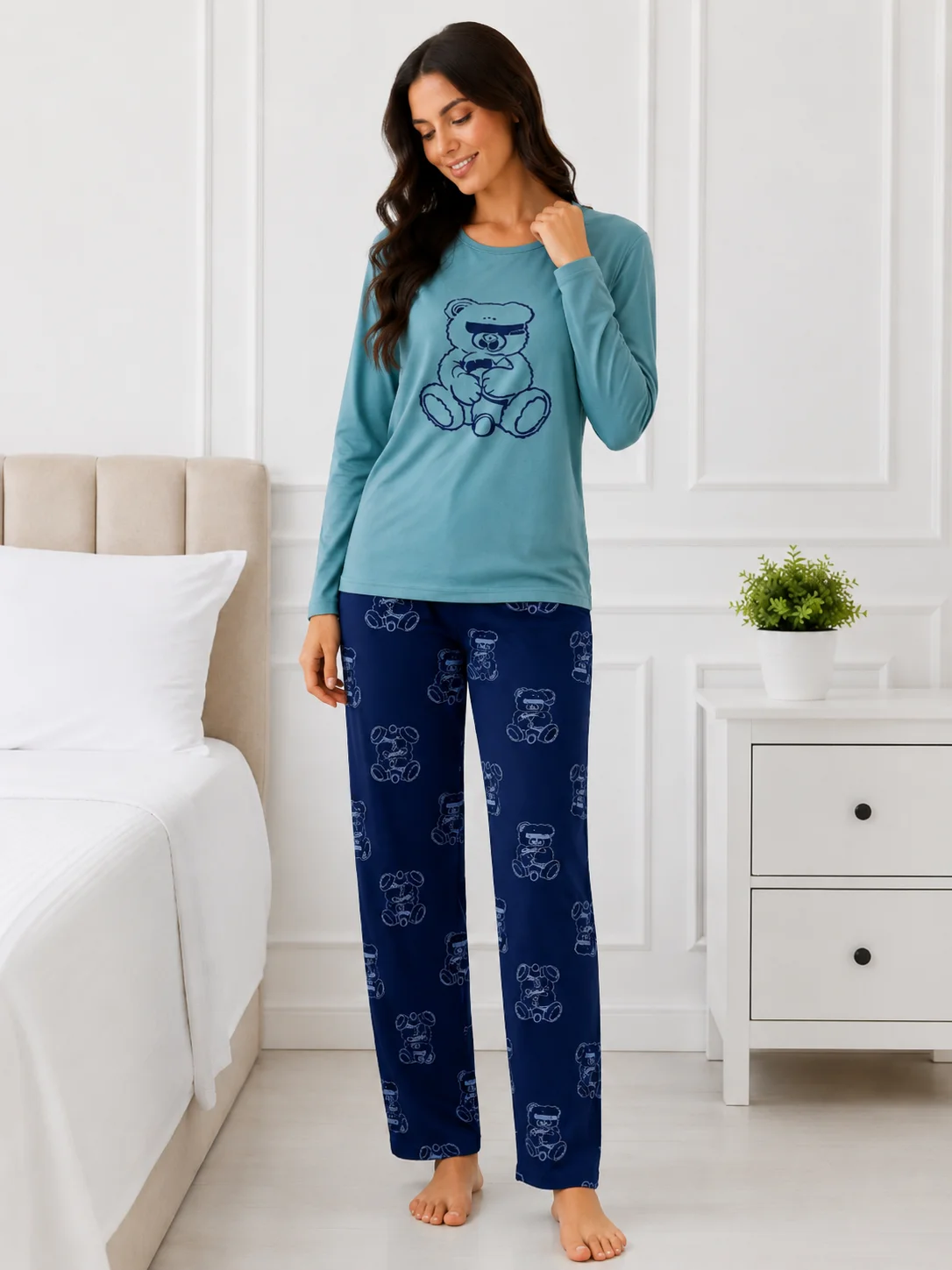 Set pijama 2 piese: Bluză cu ursuleț și pantaloni imprimați-Turcoaz