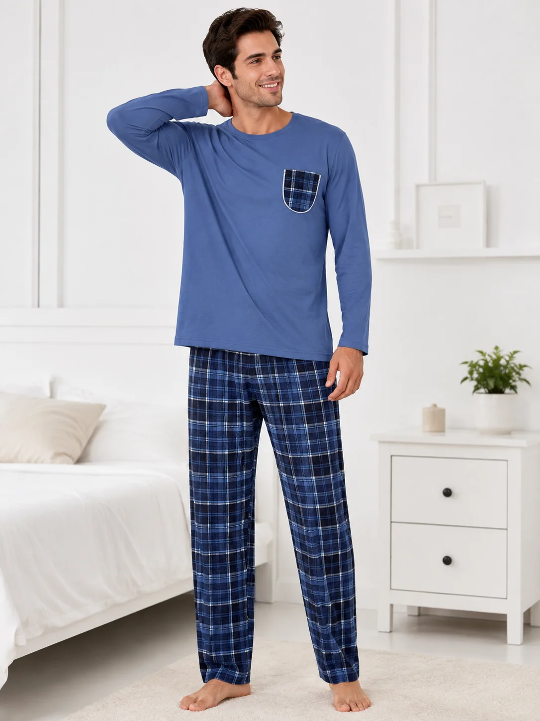 Set Pijama Barbati cu Buzunar în Carouri și Pantaloni Asortați-Albastru