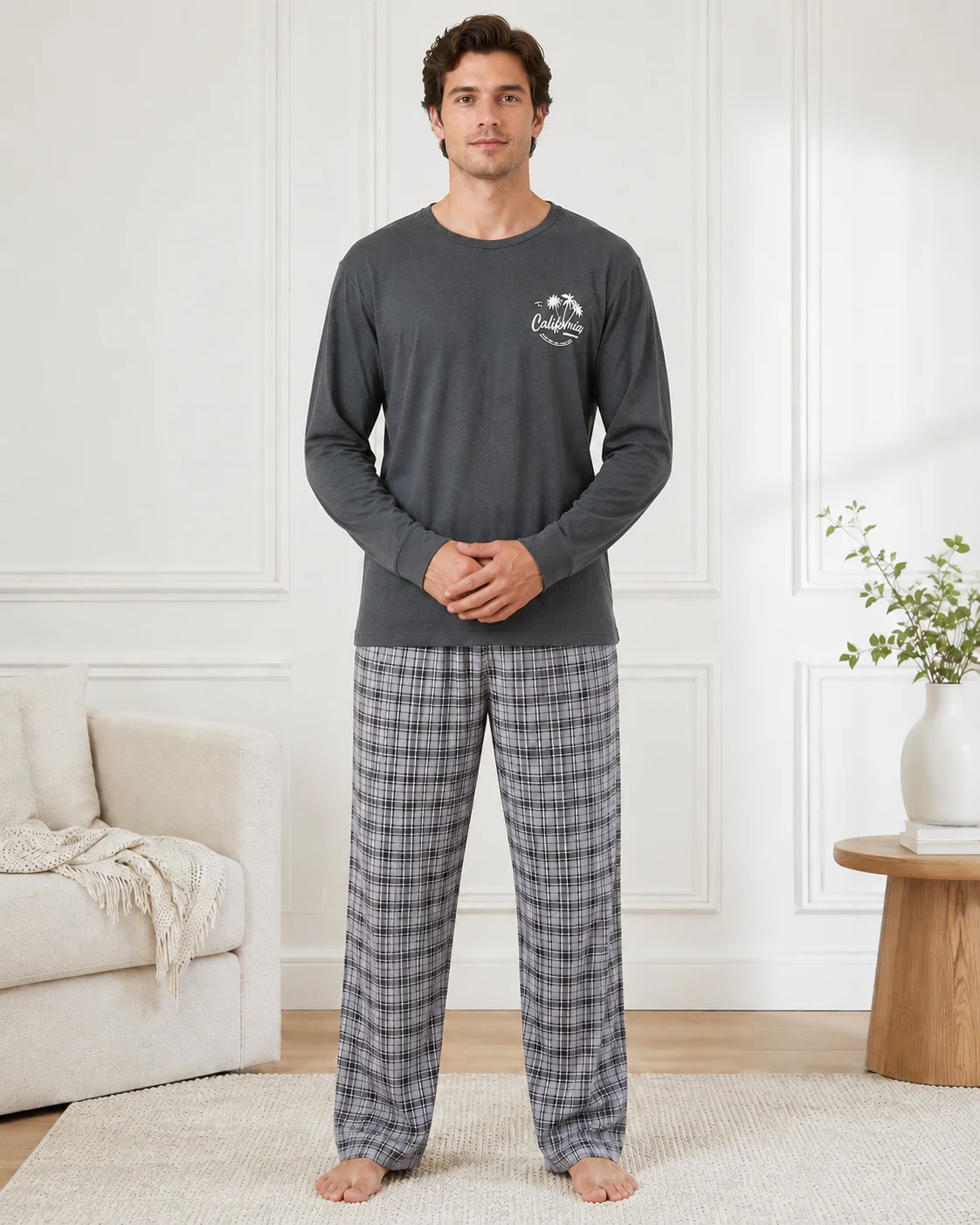 Pijama bărbați mânecă lungă si pantaloni în carouri-Gri inchis — imagine 1