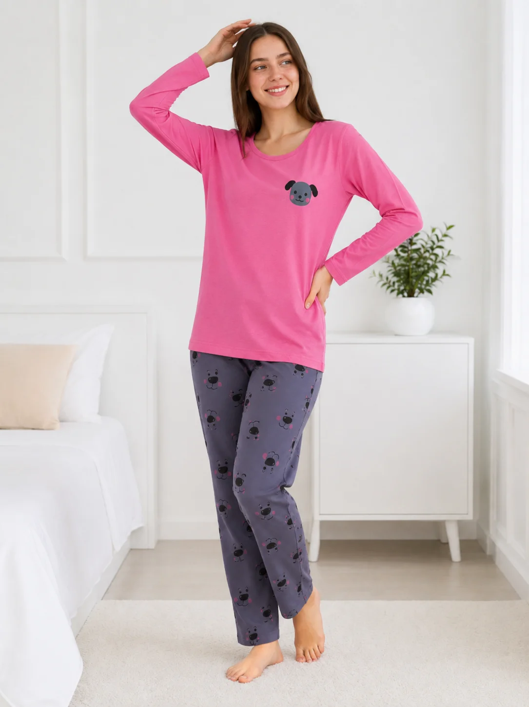 Pijama de Damă cu Bluză și Pantalon Gri Imprimat cu Cățeluși- Roz — imagine 1
