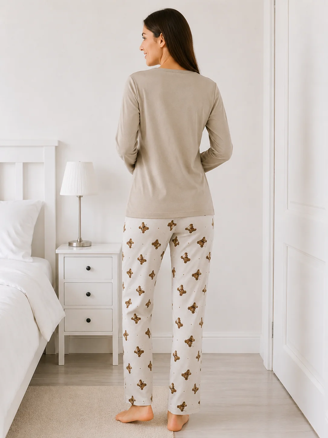 Pijama de Damă  cu Imprimeu Urși și Pantaloni Asortați-Bej