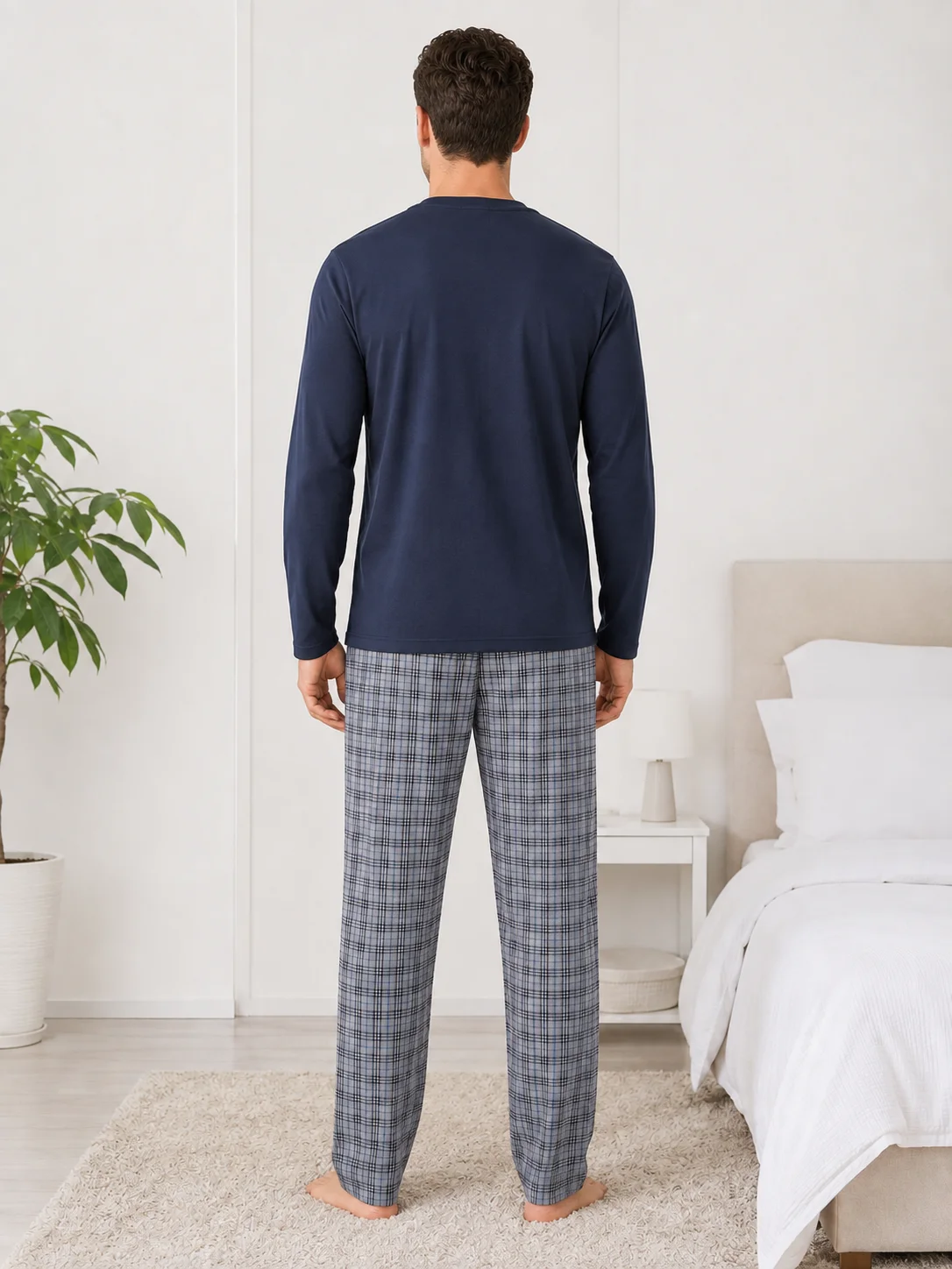Set Pijama Barbati cu Maneca Lunga si Pantaloni in Carouri -Bleumarin — imagine 4