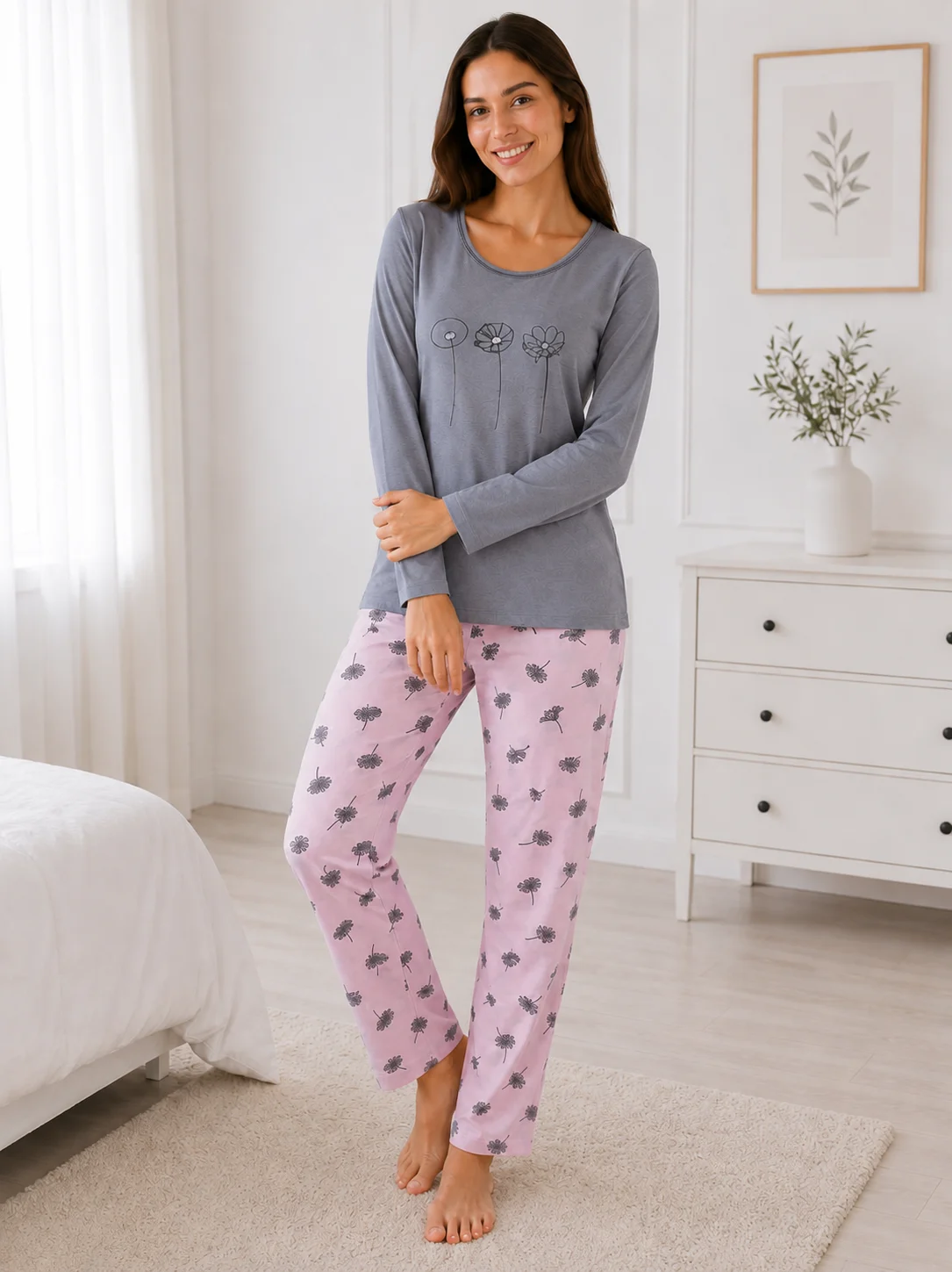Pijama de Damă cu Imprimeu Florale și Pantaloni Asortaț-Gri