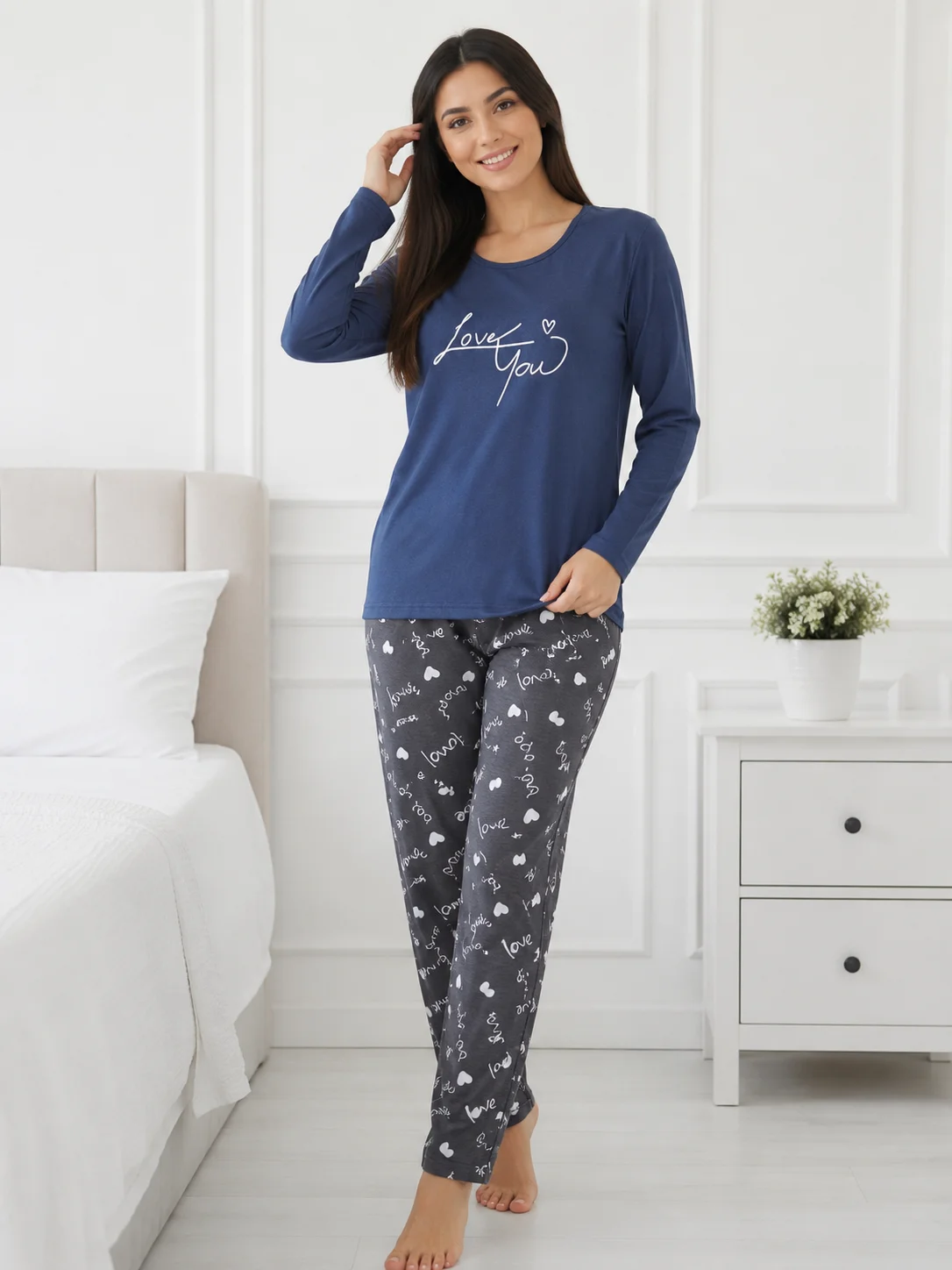 Pijama de damă cu mesaj „Love You” și pantaloni gri cu imprimeu-Albastru