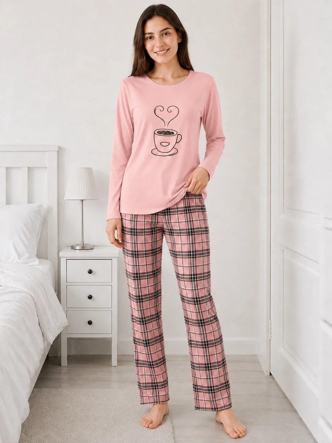 Pijama de Damă cu Imprimeu Căniță și Carouri-Roz — imagine 3