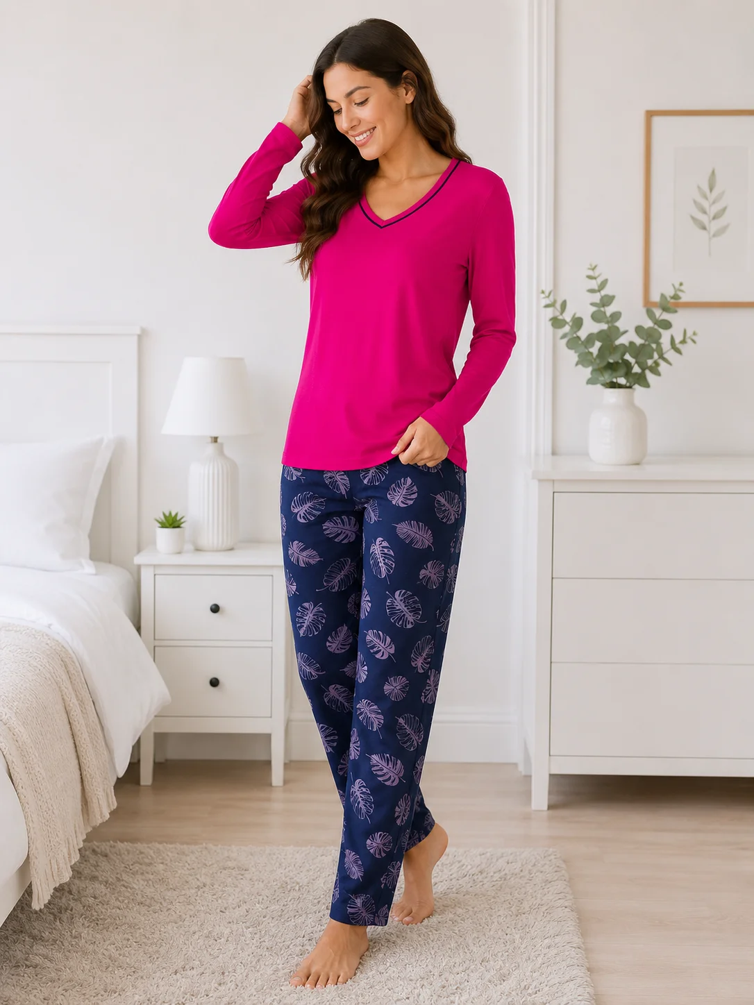 Pijamale dama, Bluză și Pantalon cu Imprimeu Frunze- Magenta