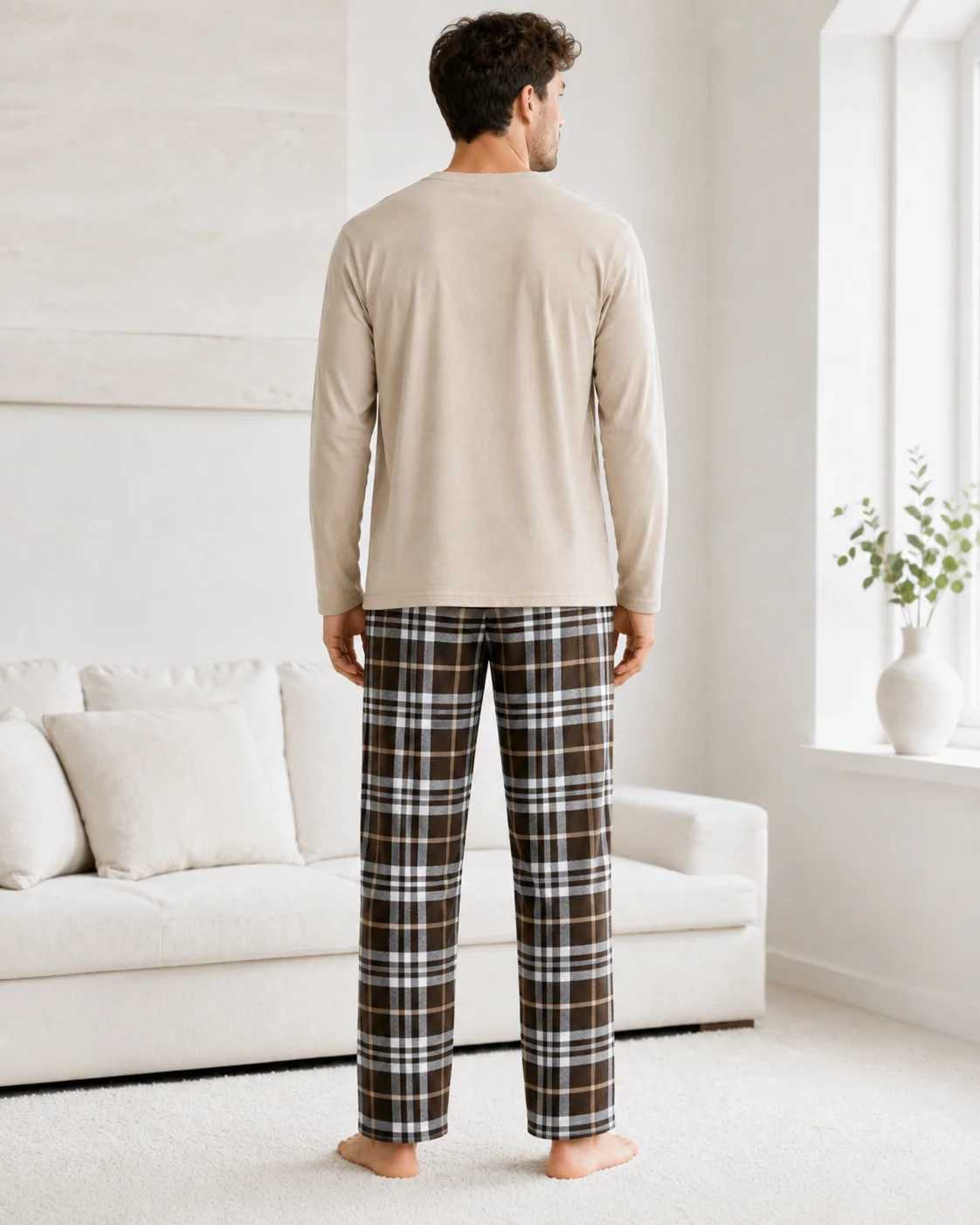 Set Pijama Barbati cu Maneca Lunga si Pantaloni in Carouri Maro-Bej — imagine 4