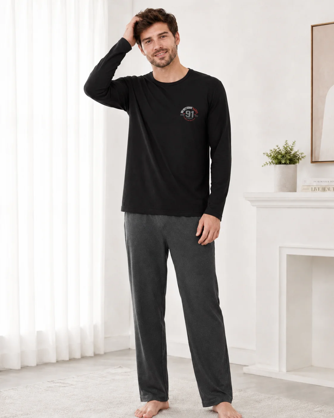 Set Pijama Barbati cu Maneca Lunga si Pantaloni Gri Inchis-Negru — imagine 2