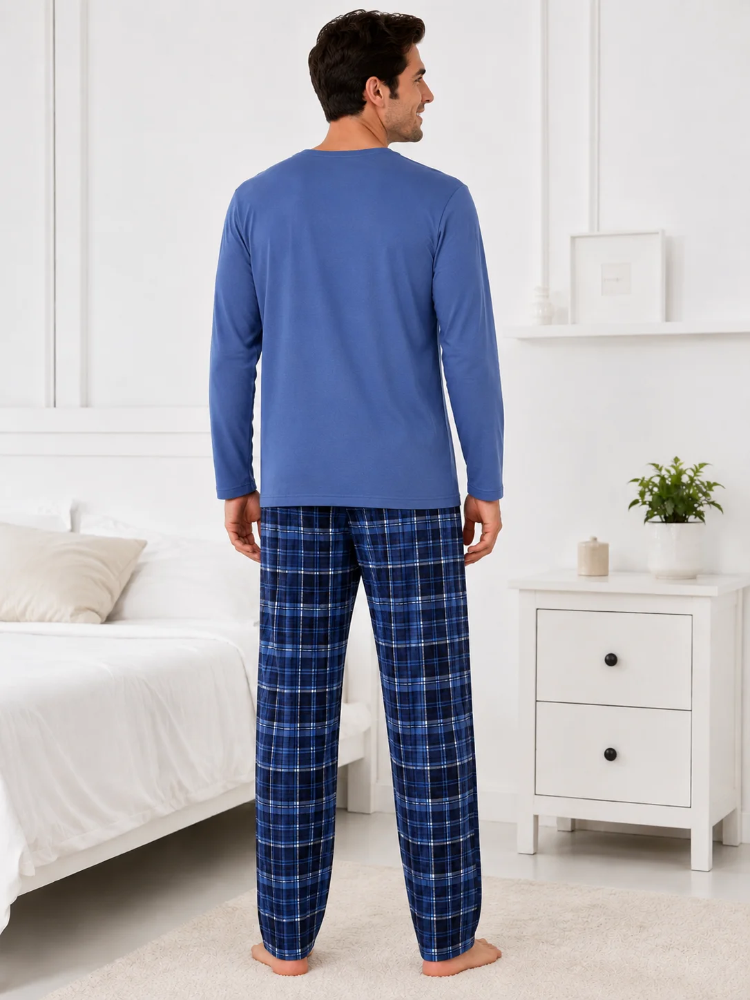 Set Pijama Barbati cu Buzunar în Carouri și Pantaloni Asortați-Albastru