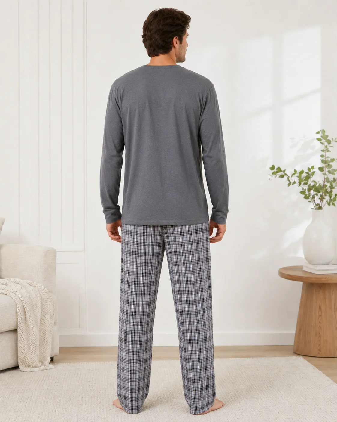 Pijama bărbați mânecă lungă si pantaloni în carouri-Gri — imagine 4
