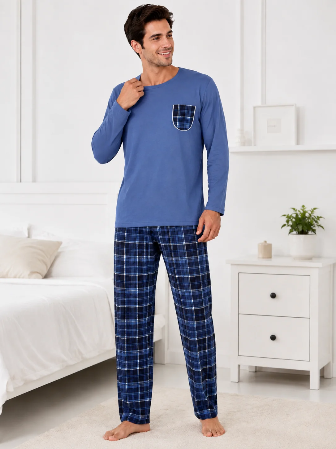 Set Pijama Barbati cu Buzunar în Carouri și Pantaloni Asortați-Albastru