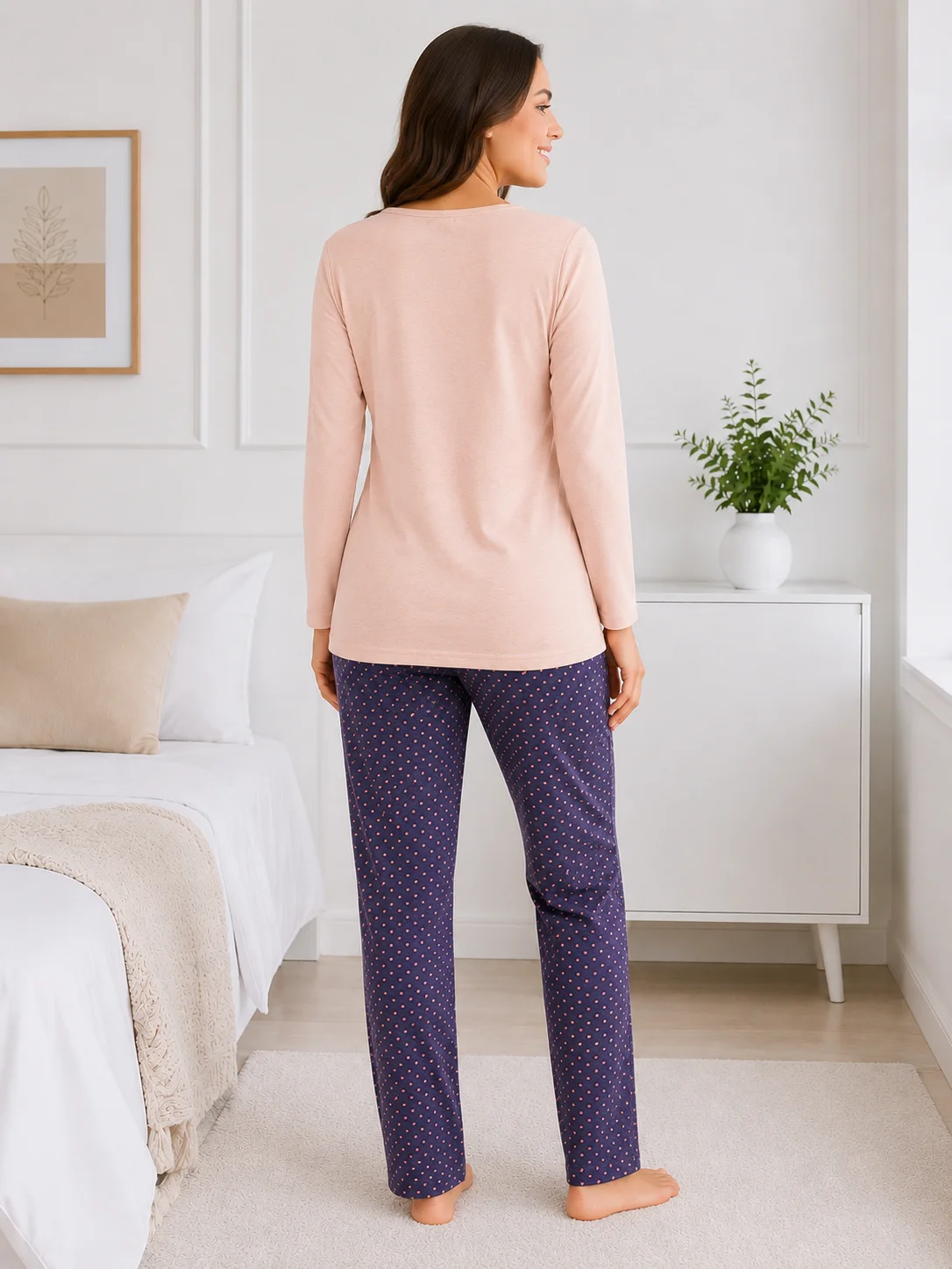 Pijama de Damă cu Bluză și Pantalon Gri cu Imprimeu cu Puncte-Roz pal