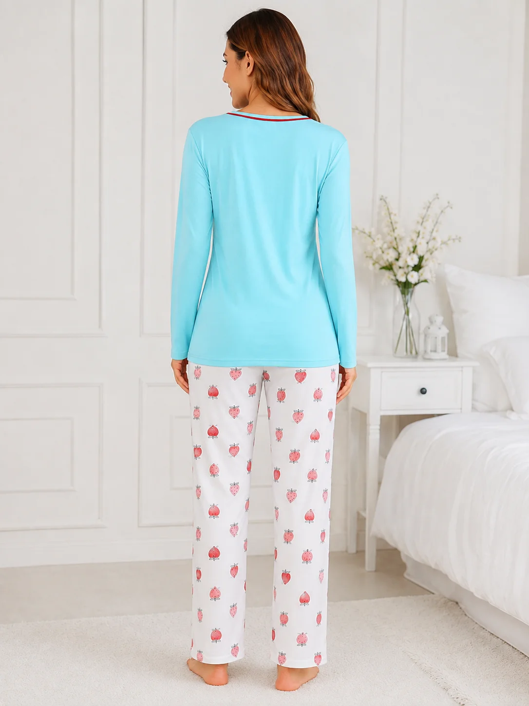 Pijama de Damă cu Bluză și Pantalon Alb cu Imprimeu Căpșuni-Bleu