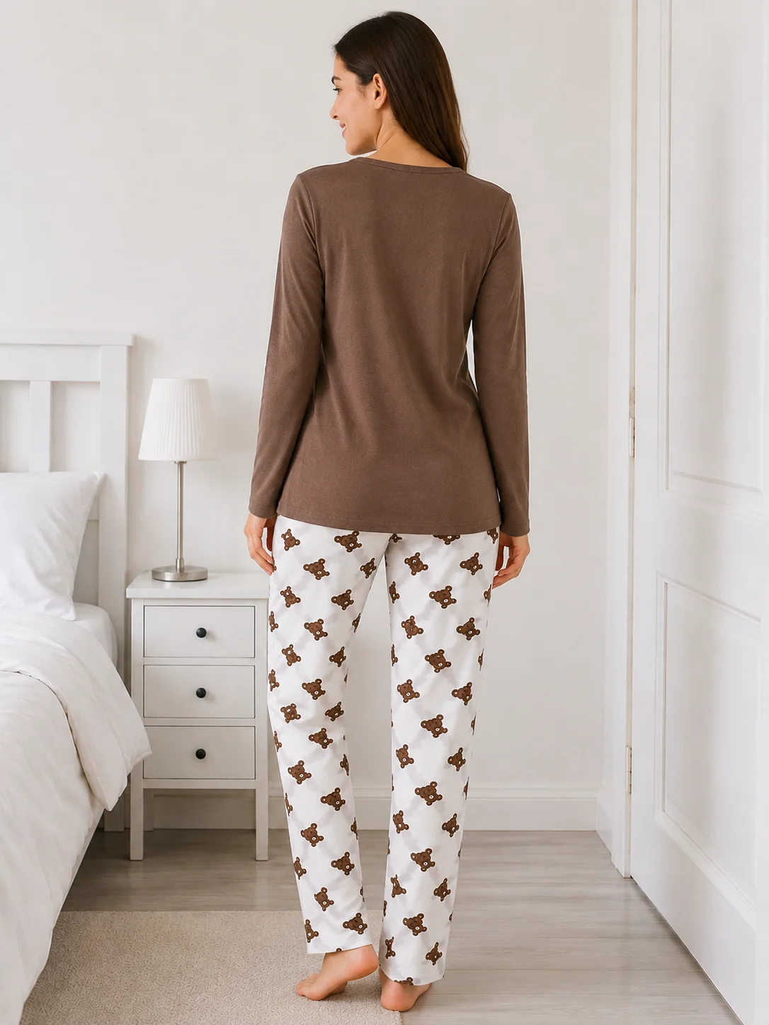 Pijama de Damă  cu Imprimeu Urși și Pantaloni Asortați-Maro