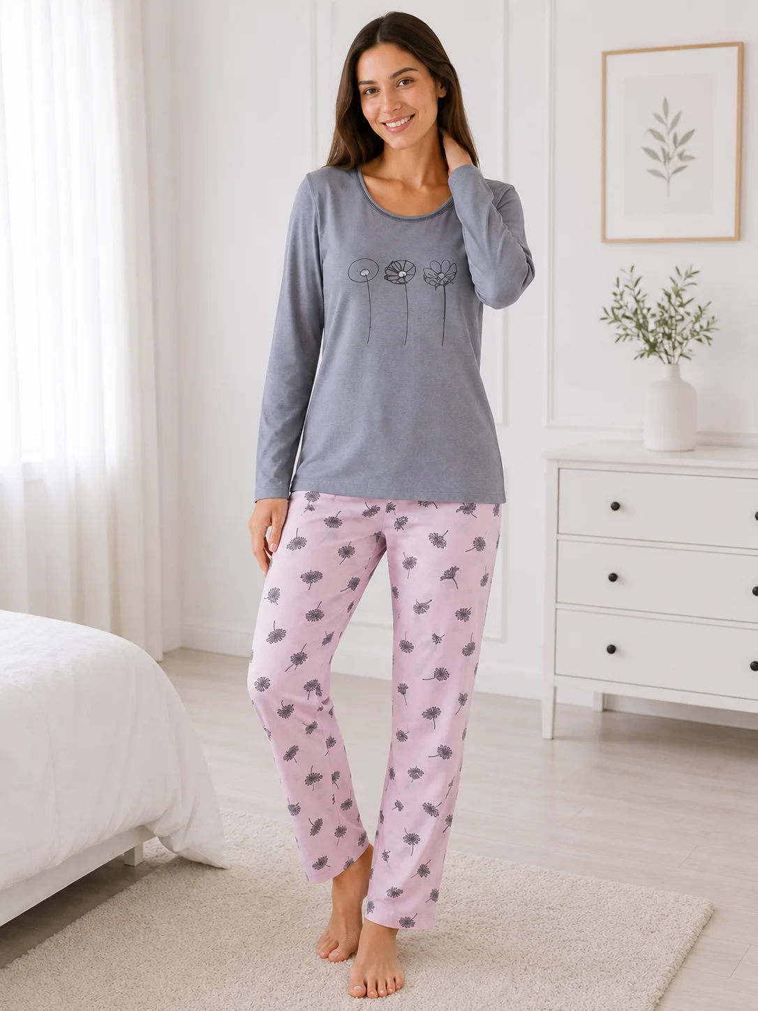 Pijama de Damă cu Imprimeu Florale și Pantaloni Asortaț-Gri