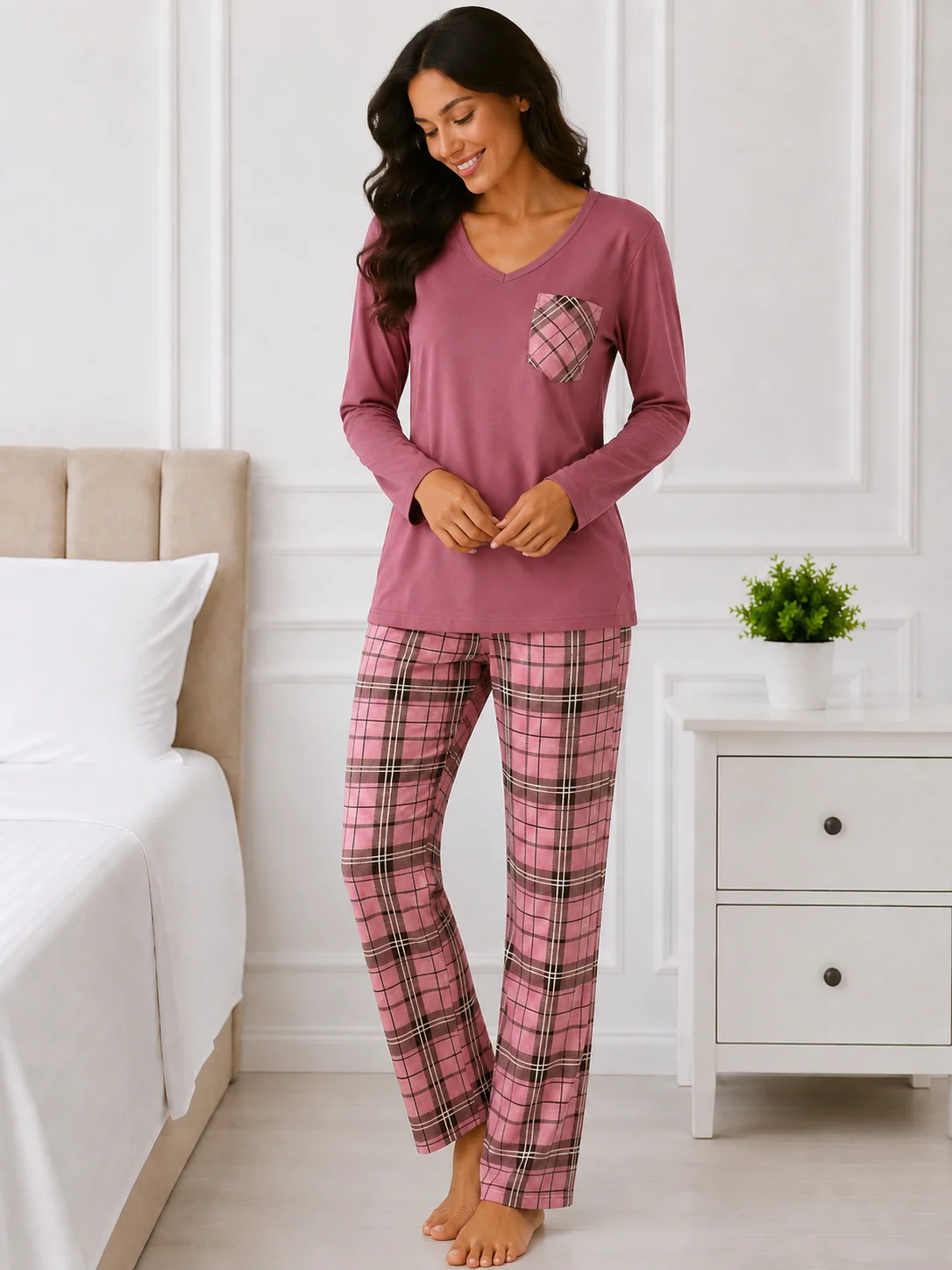 Pijama de damă, bluză și pantaloni lungi roz în carouri-Roz prafuit