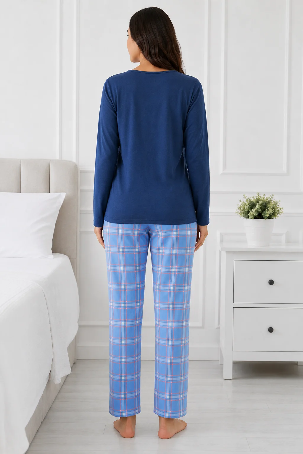 Pijama de damă pastel cu bluză și pantaloni în carouri-Bleumarin