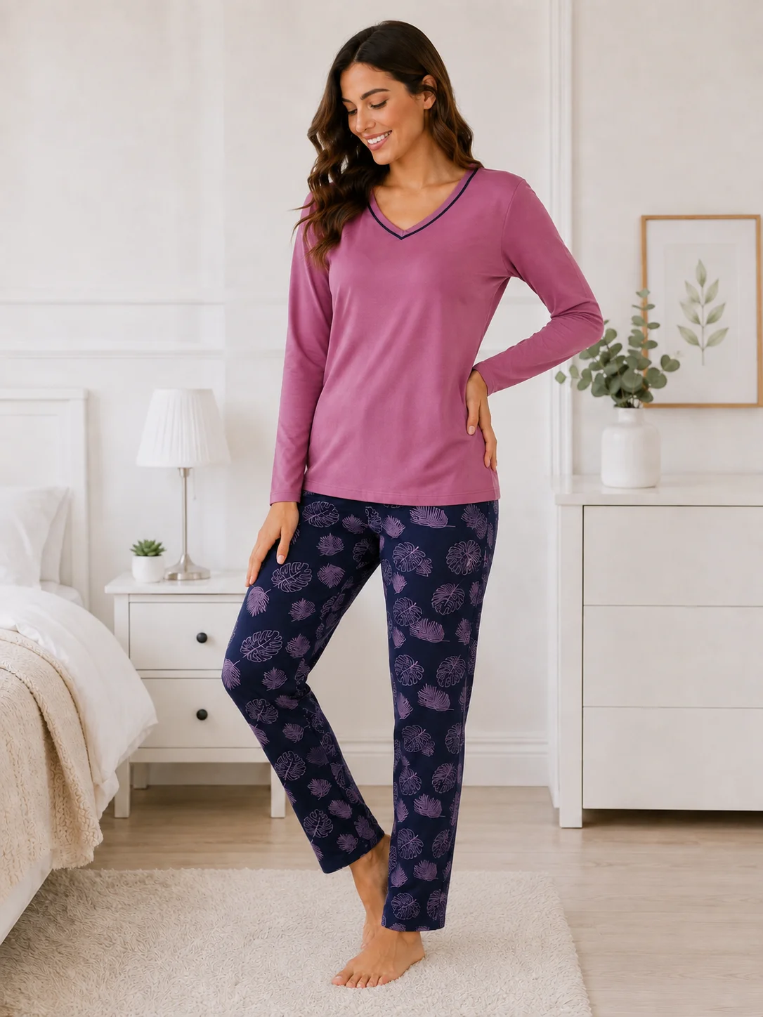 Pijamale dama, Bluză și Pantalon cu Imprimeu Frunze- Mov