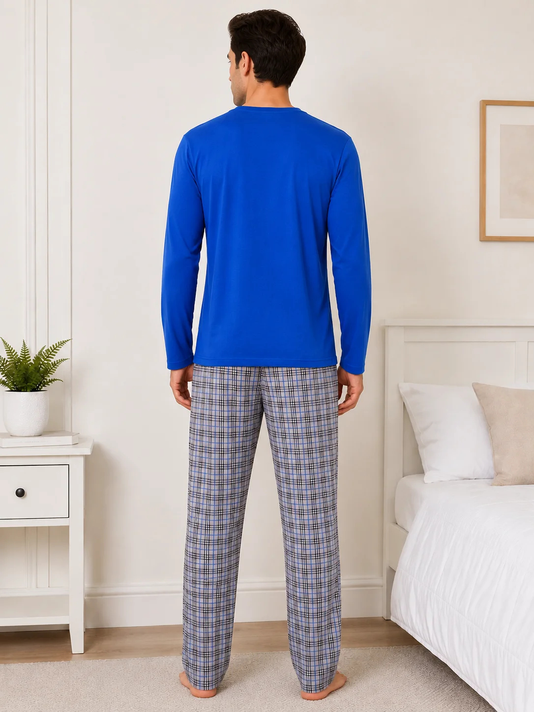 Set Pijama Barbati cu Maneca Lunga si Pantaloni in Carouri -Albastru