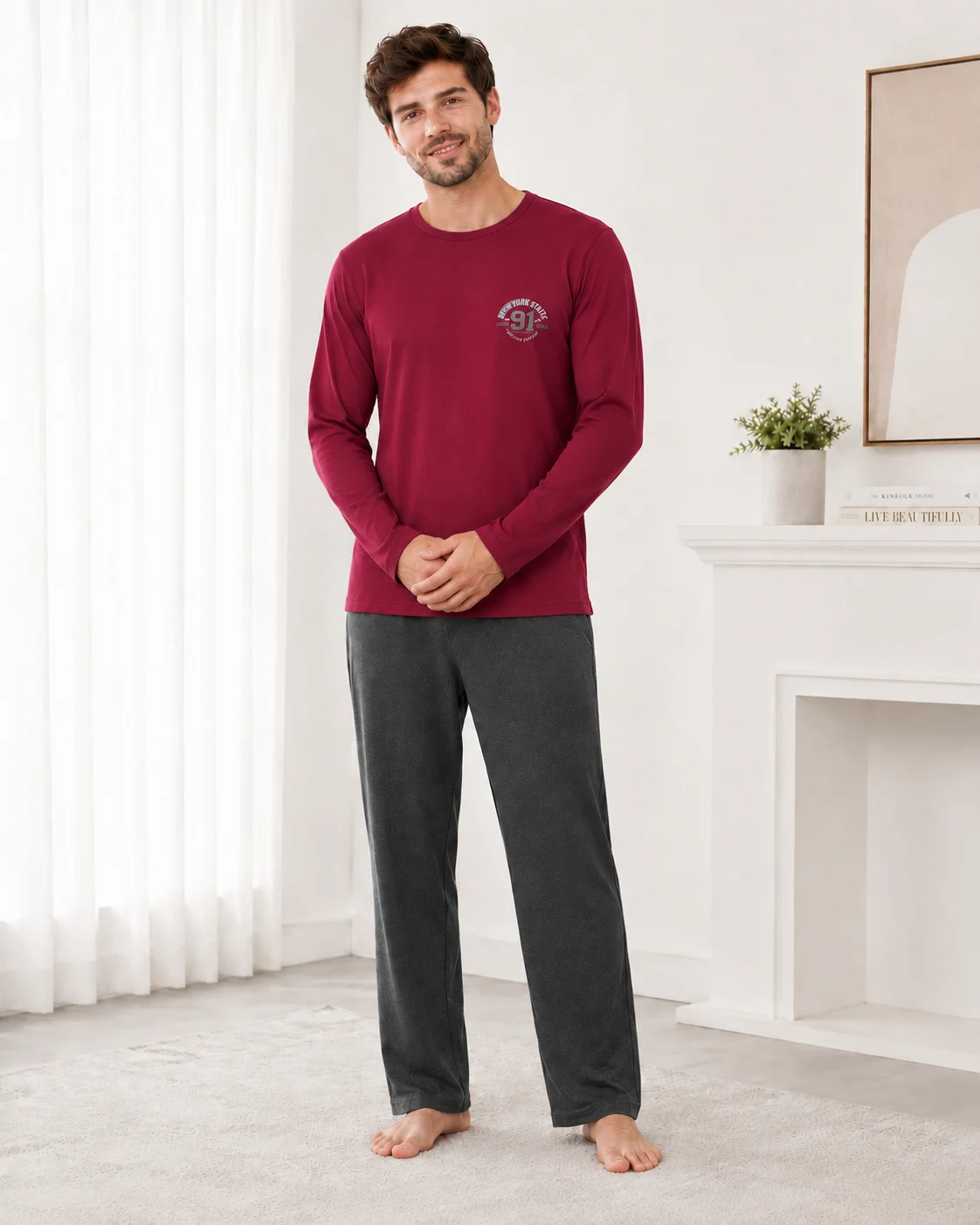 Set Pijama Barbati cu Maneca Lunga si Pantaloni Gri Inchis-Bordo