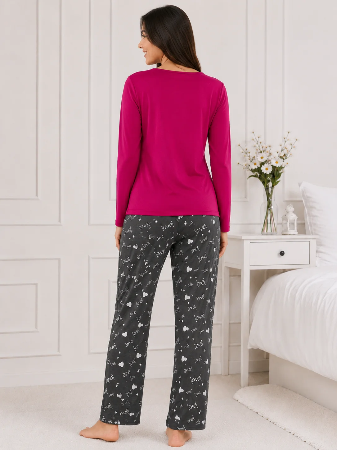 Pijama de damă cu mesaj „Love You” și pantaloni gri cu imprimeu-Fucsia