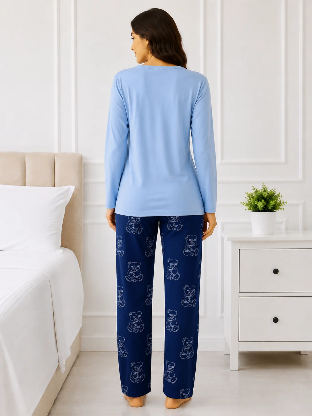 Set pijama 2 piese: Bluză cu ursuleț și pantaloni imprimați-Albastru