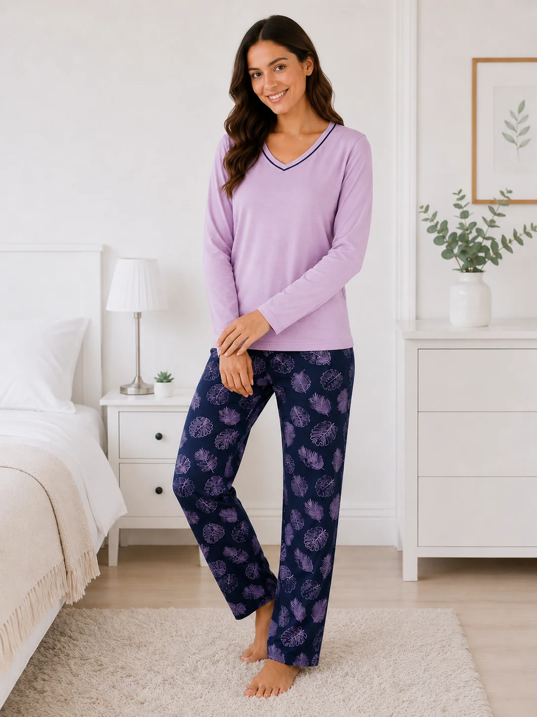 Pijamale dama, Bluză și Pantalon cu Imprimeu Frunze- Lila