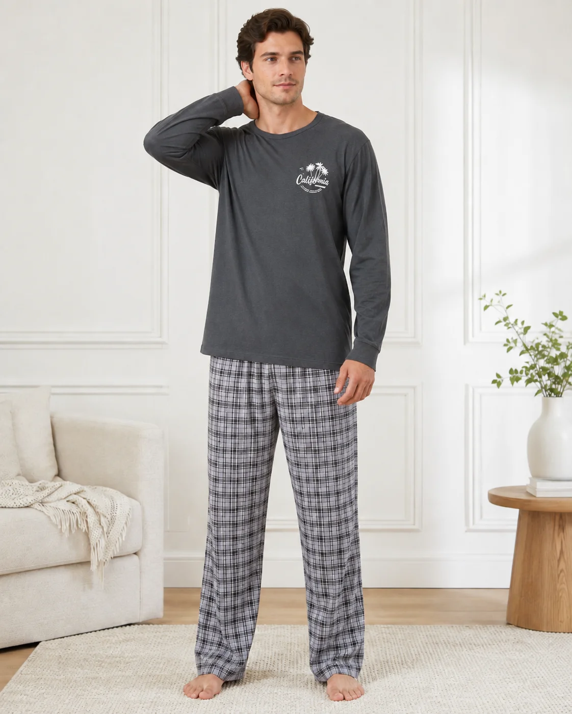 Pijama bărbați mânecă lungă si pantaloni în carouri-Gri inchis — imagine 2