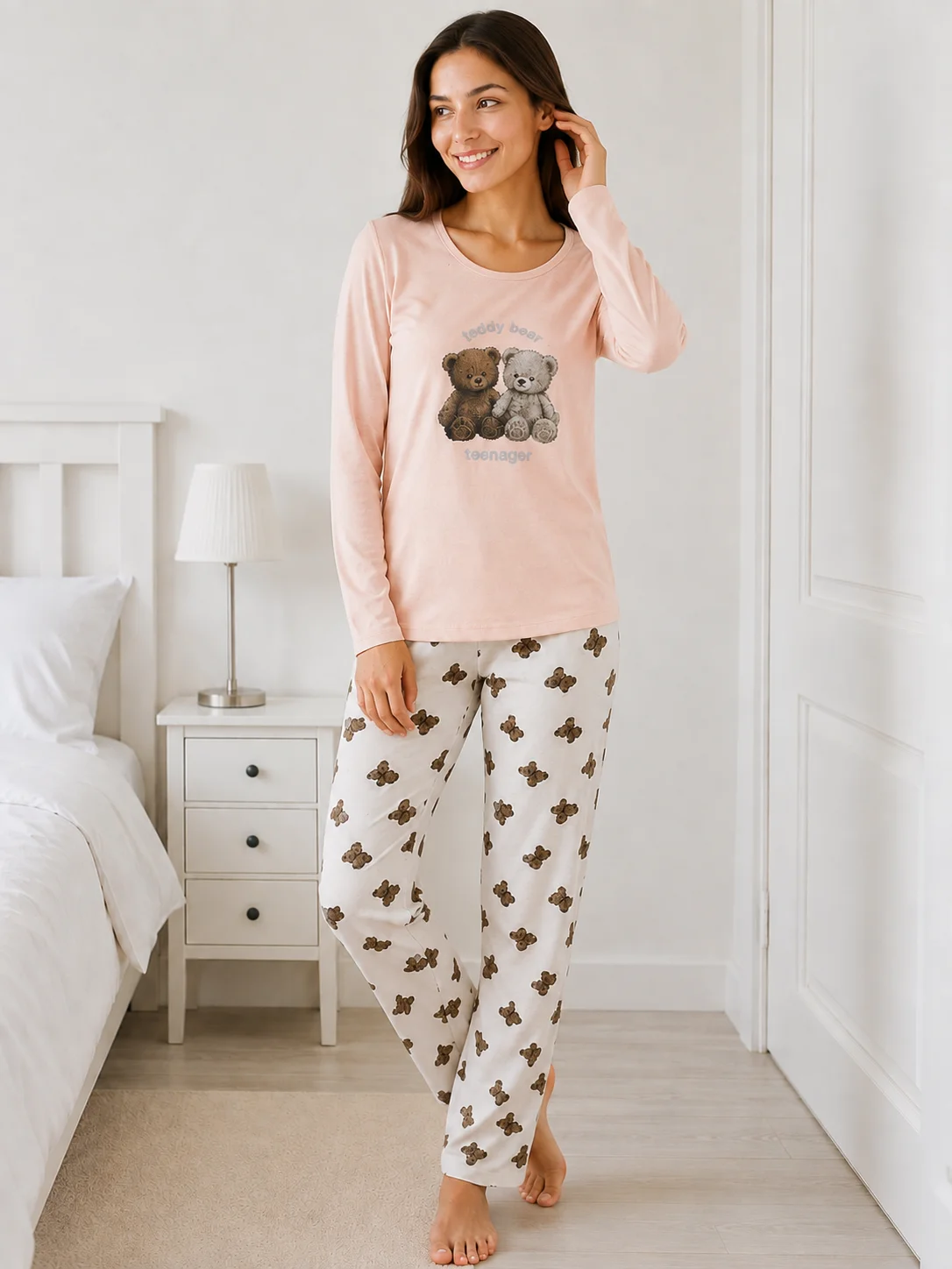 Pijama de Damă  cu Imprimeu Urși și Pantaloni Asortați-Roz pudra