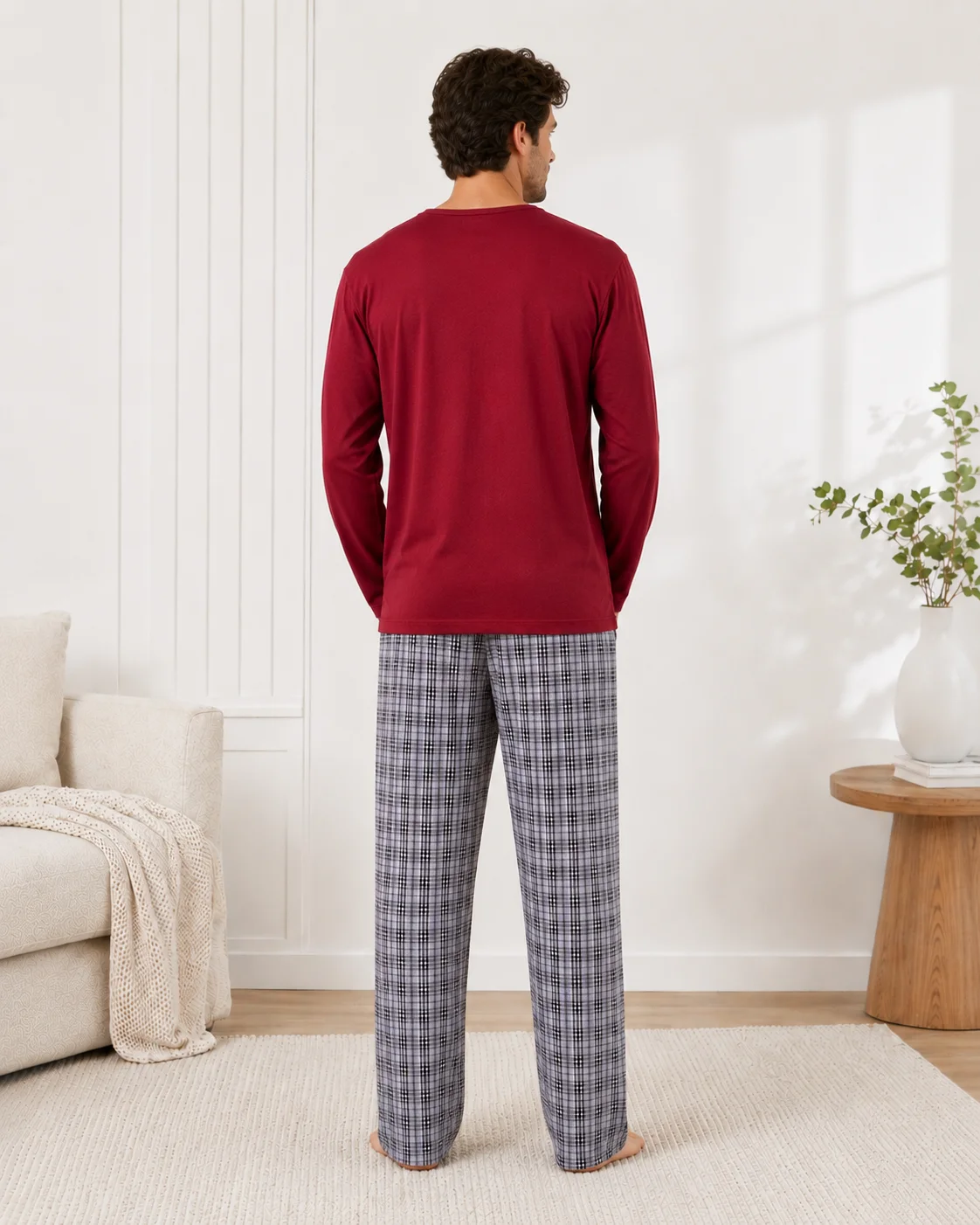 Pijama bărbați mânecă lungă si pantaloni în carouri-Bordo
