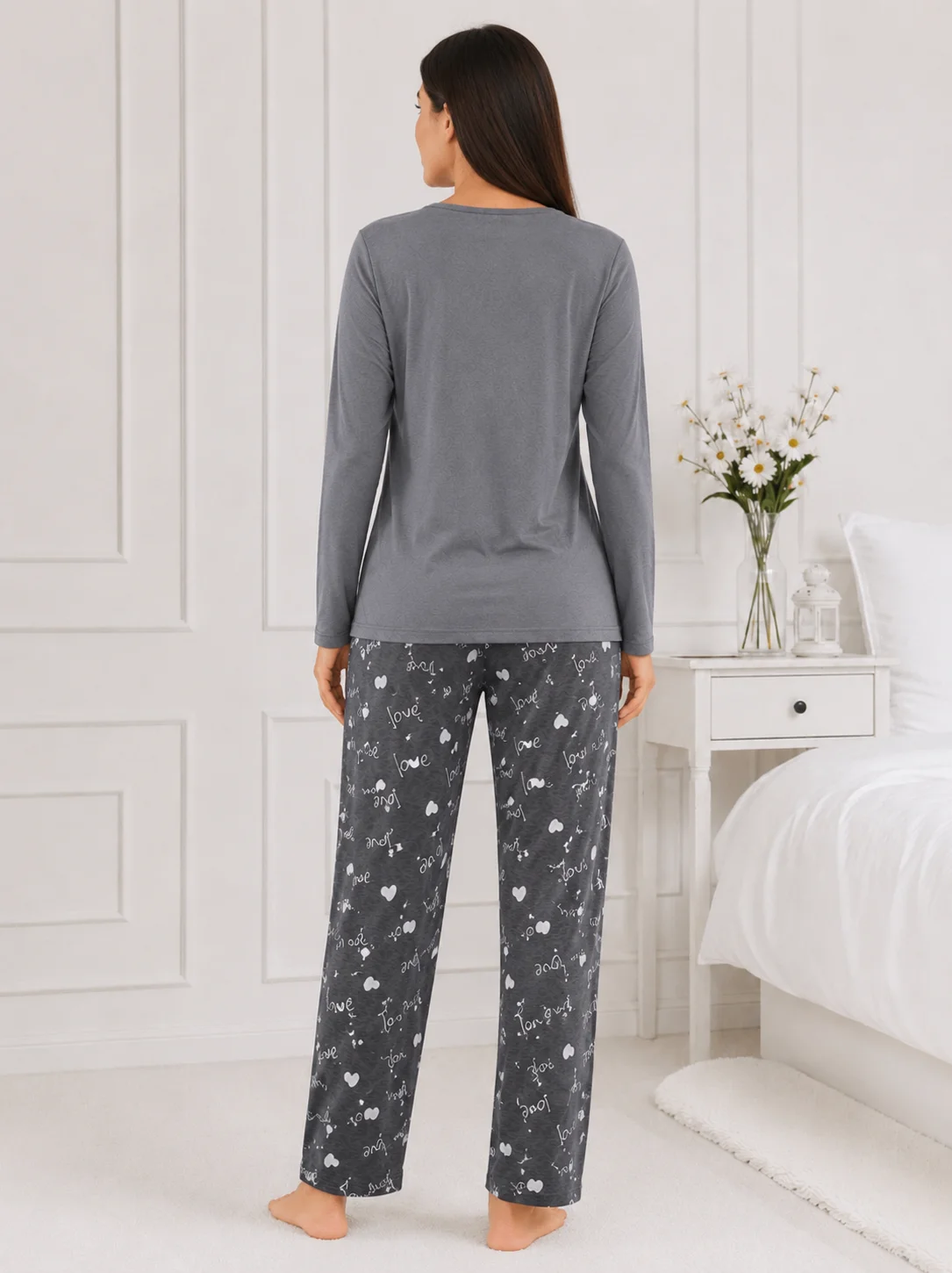 Pijama de damă cu mesaj „Love You” și pantaloni gri cu imprimeu-Gri