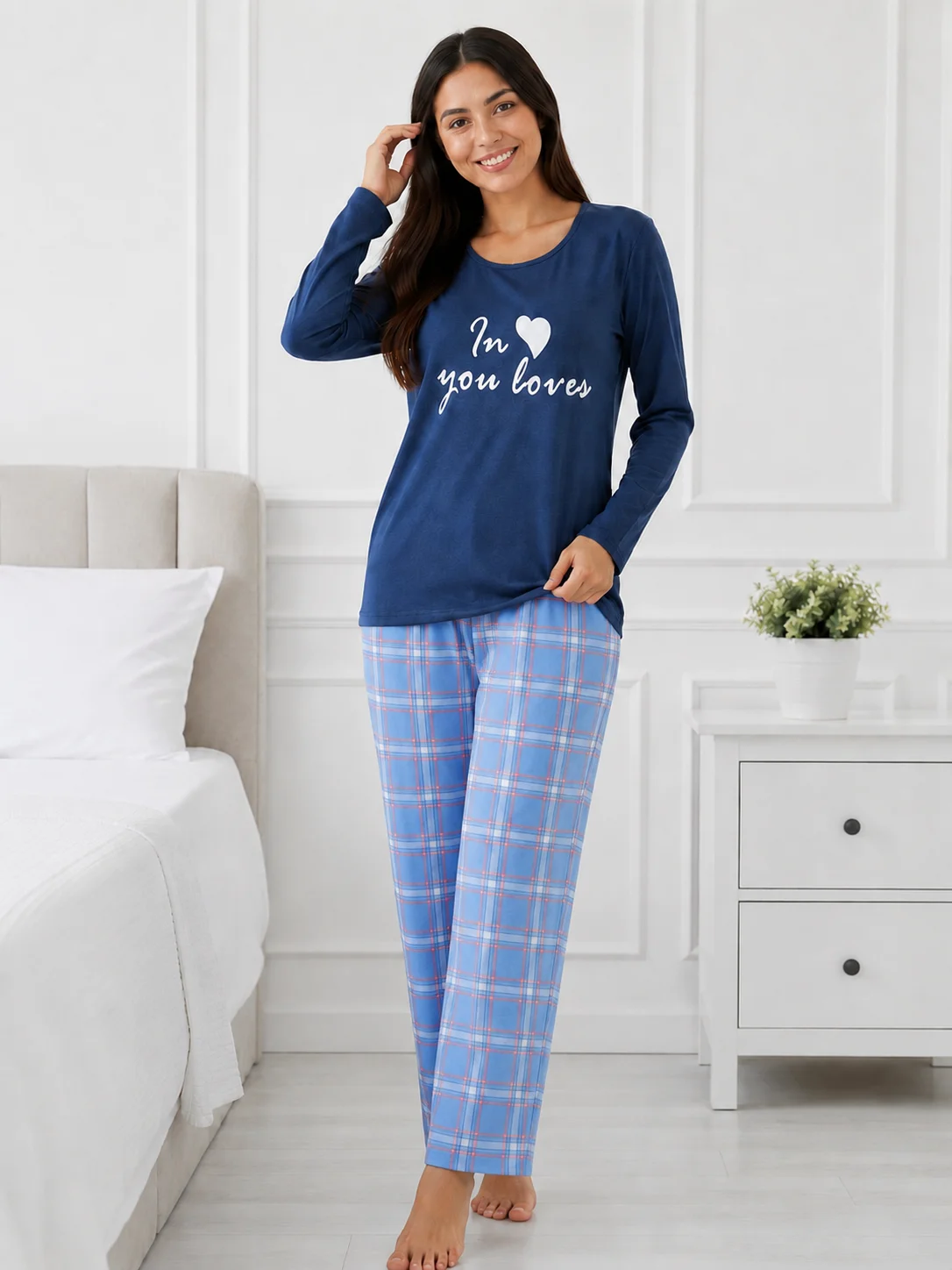 Pijama de damă pastel cu bluză și pantaloni în carouri-Bleumarin