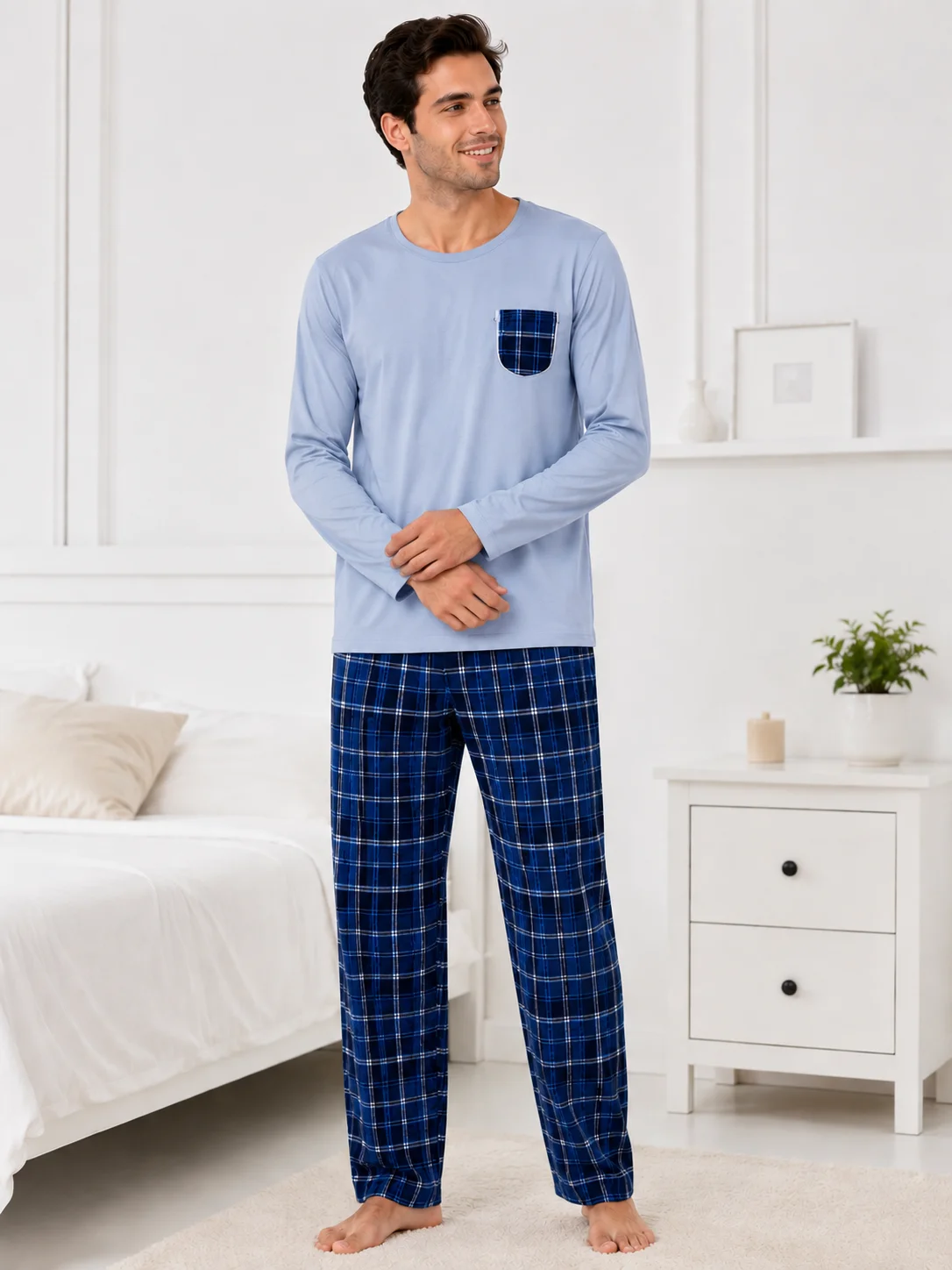 Set Pijama Barbati cu Buzunar în Carouri și Pantaloni Asortați-Bleu