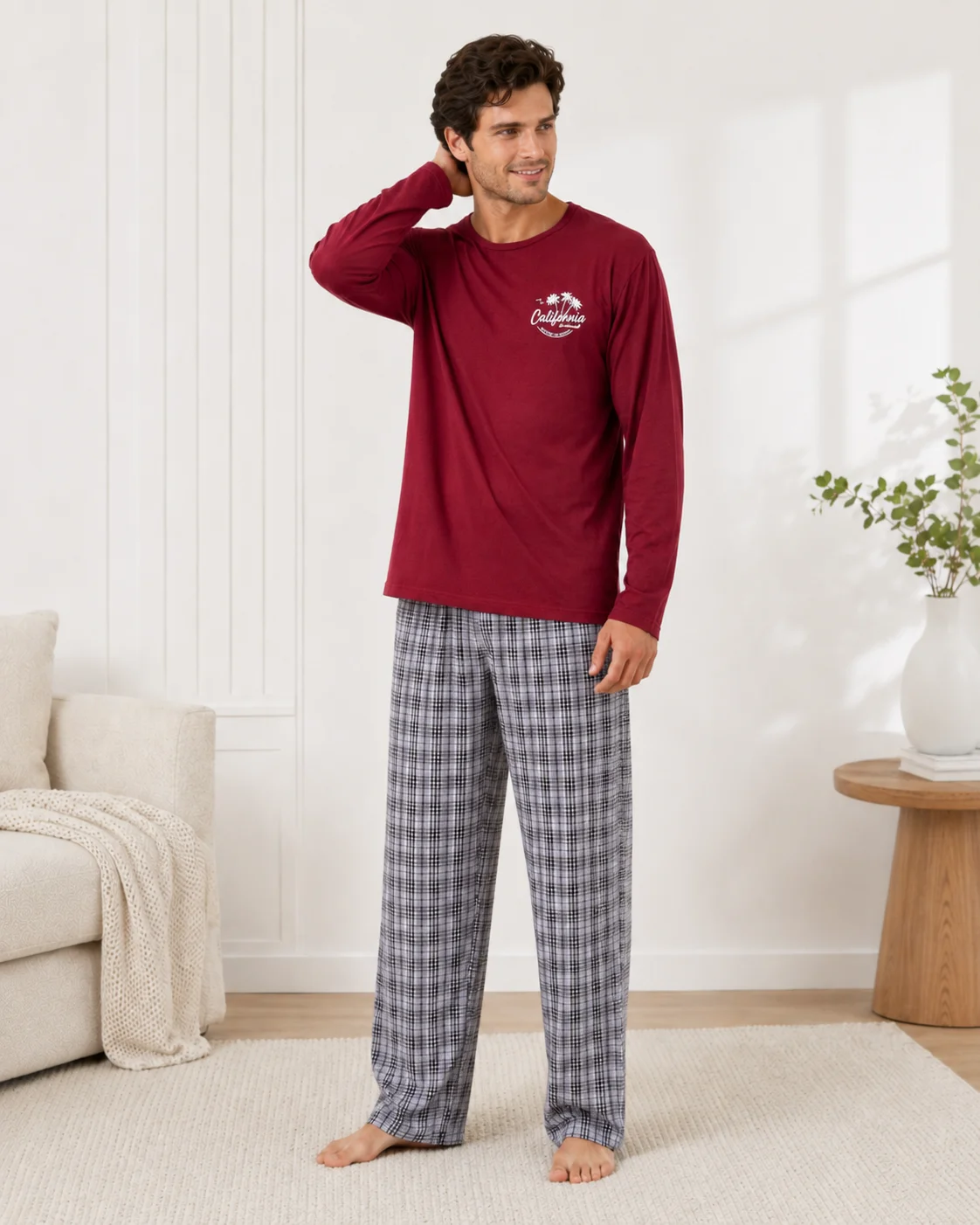 Pijama bărbați mânecă lungă si pantaloni în carouri-Bordo — imagine 2