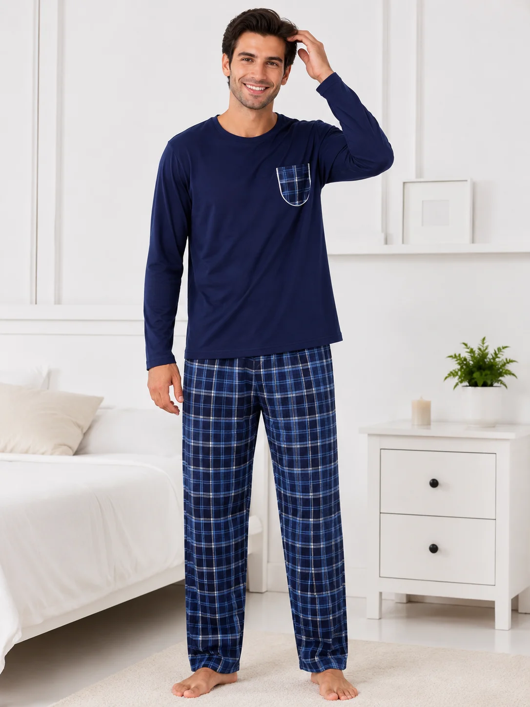 Set Pijama Barbati cu Buzunar în Carouri și Pantaloni Asortați-Bleumarin
