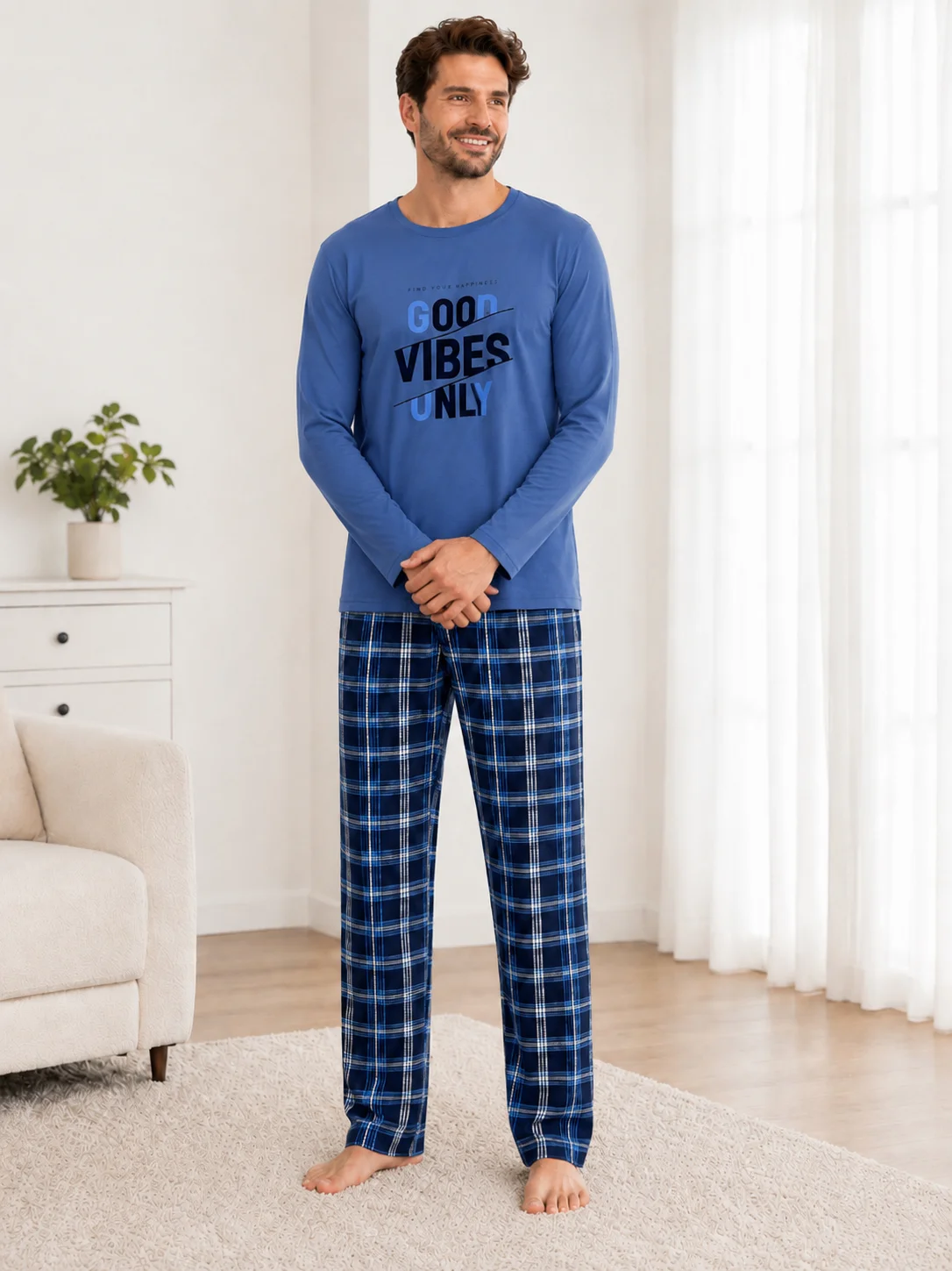 Set Relaxare Barbati Bluză Good Vibes si Pantaloni in Carouri-Albastru — imagine 2