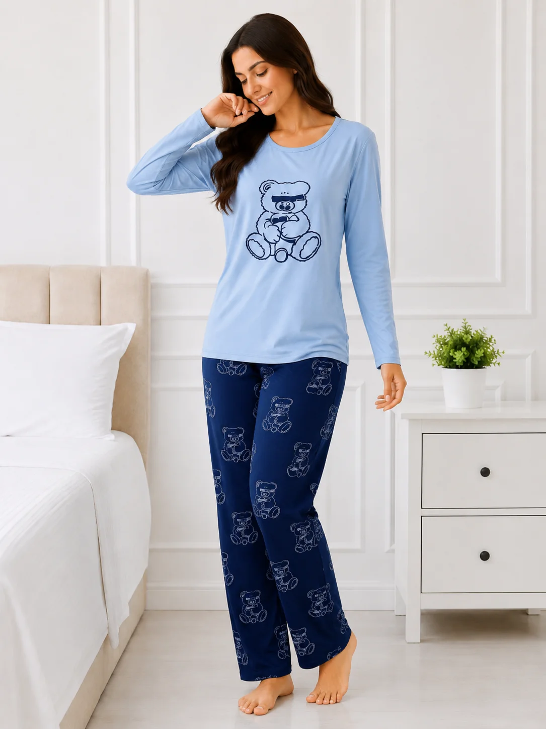 Set pijama 2 piese: Bluză cu ursuleț și pantaloni imprimați-Albastru