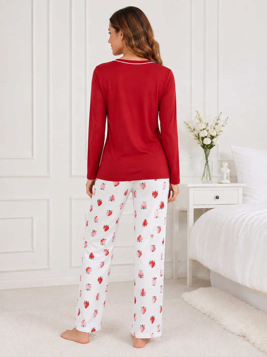 Pijama de Damă cu Bluză și Pantalon Alb cu Imprimeu Căpșuni-Rosu