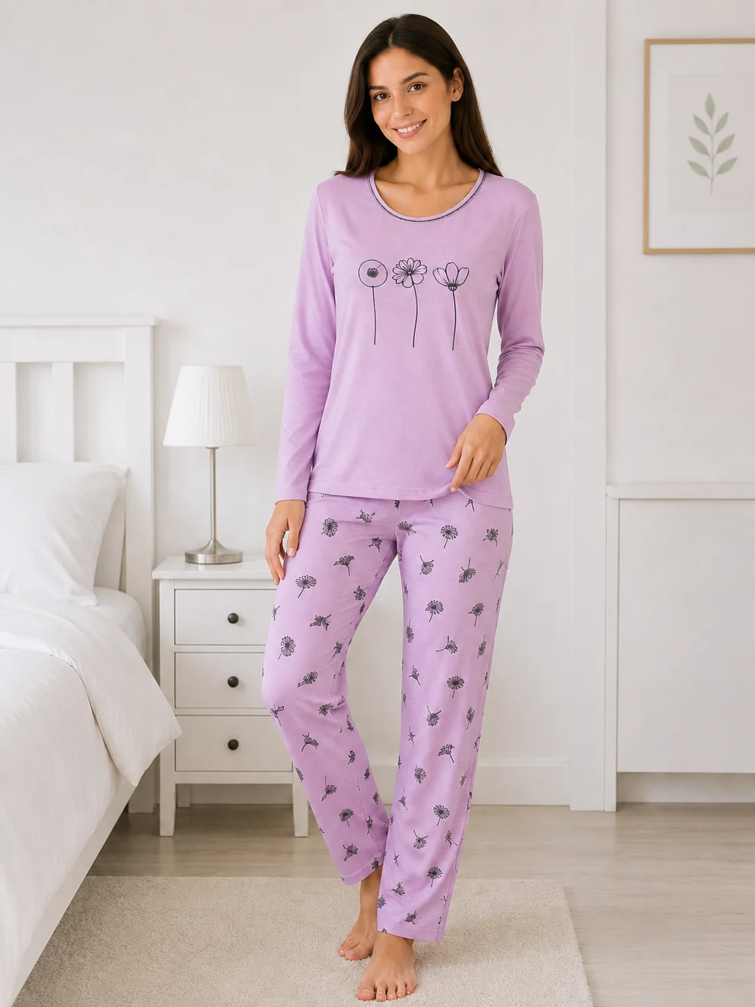 Pijama de Damă cu Imprimeu Florale și Pantaloni Asortaț-Mov Lavandă