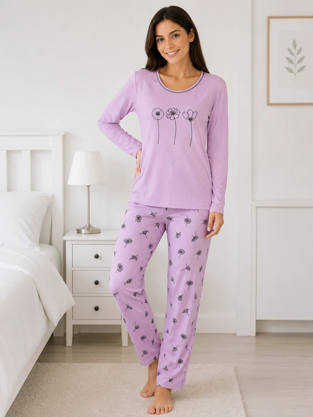 Pijama de Damă cu Imprimeu Florale și Pantaloni Asortaț-Mov Lavandă