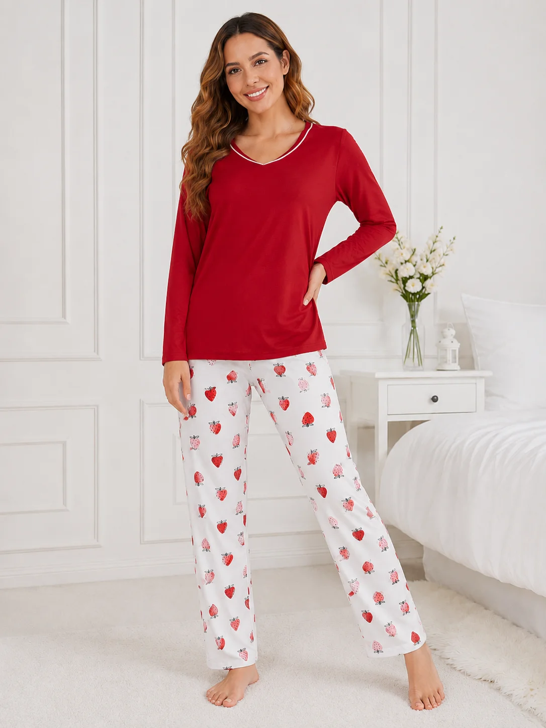 Pijama de Damă cu Bluză și Pantalon Alb cu Imprimeu Căpșuni-Rosu