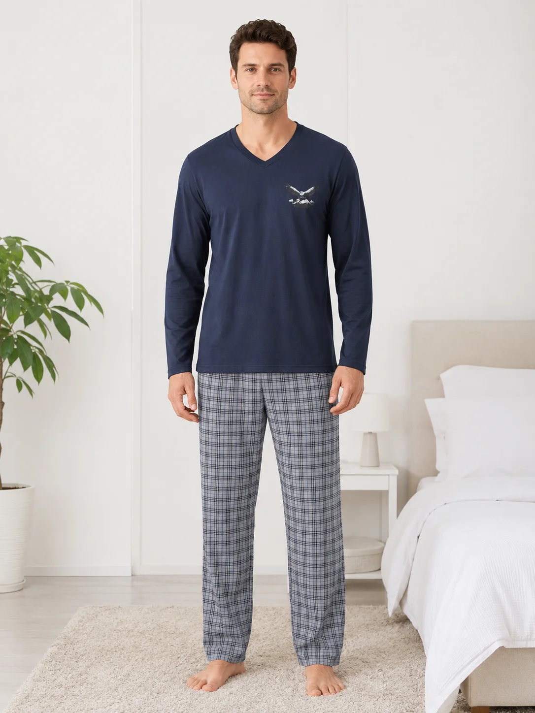 Set Pijama Barbati cu Maneca Lunga si Pantaloni in Carouri -Bleumarin — imagine 2