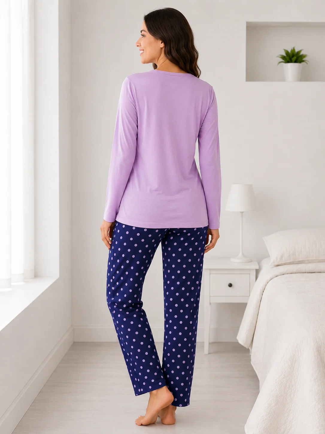 Pijama de Damă cu Bluză și Pantalon Bleumarin cu Buline Roz-Lavandă