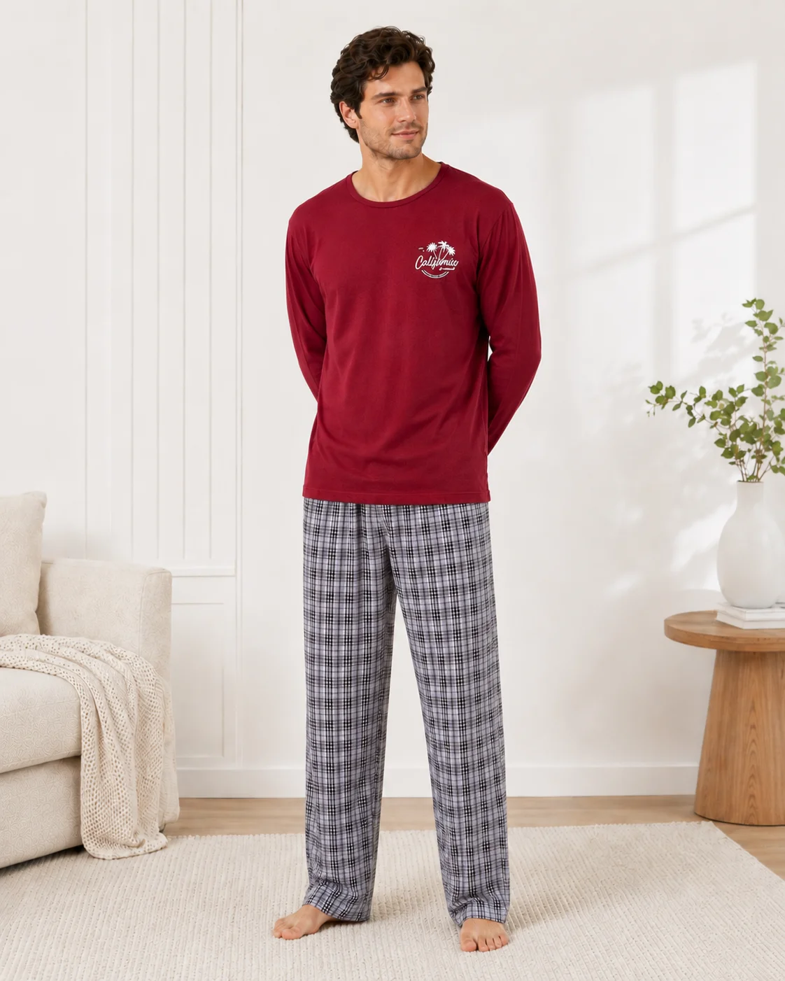 Pijama bărbați mânecă lungă si pantaloni în carouri-Bordo