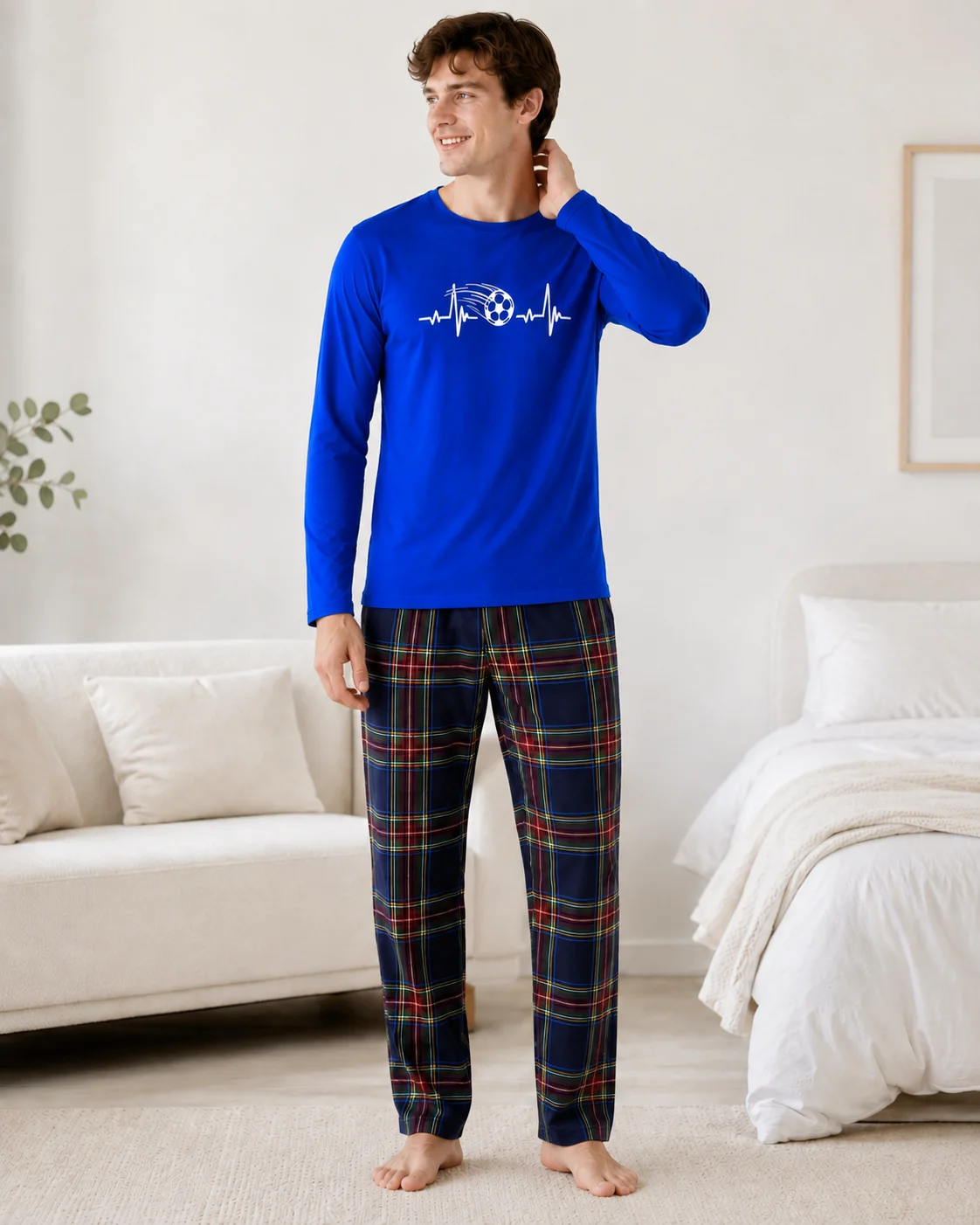 Set Pijama Barbati cu Imprimeu Fotbal și Pantaloni în Carouri-Albastru