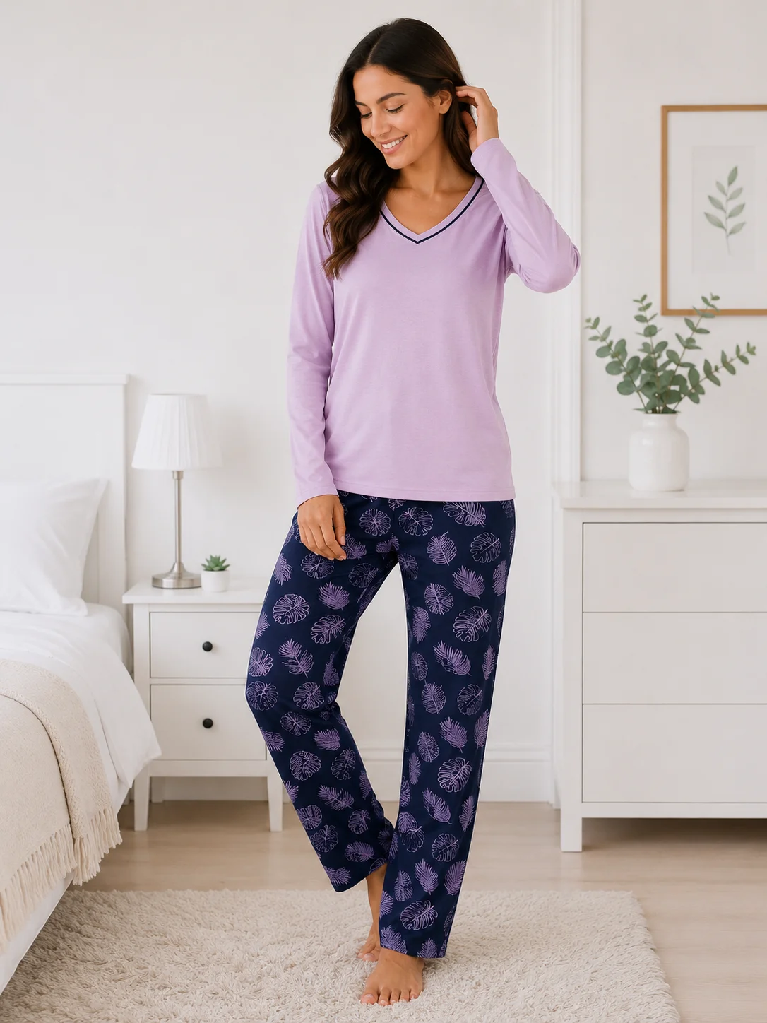 Pijamale dama, Bluză și Pantalon cu Imprimeu Frunze- Lila