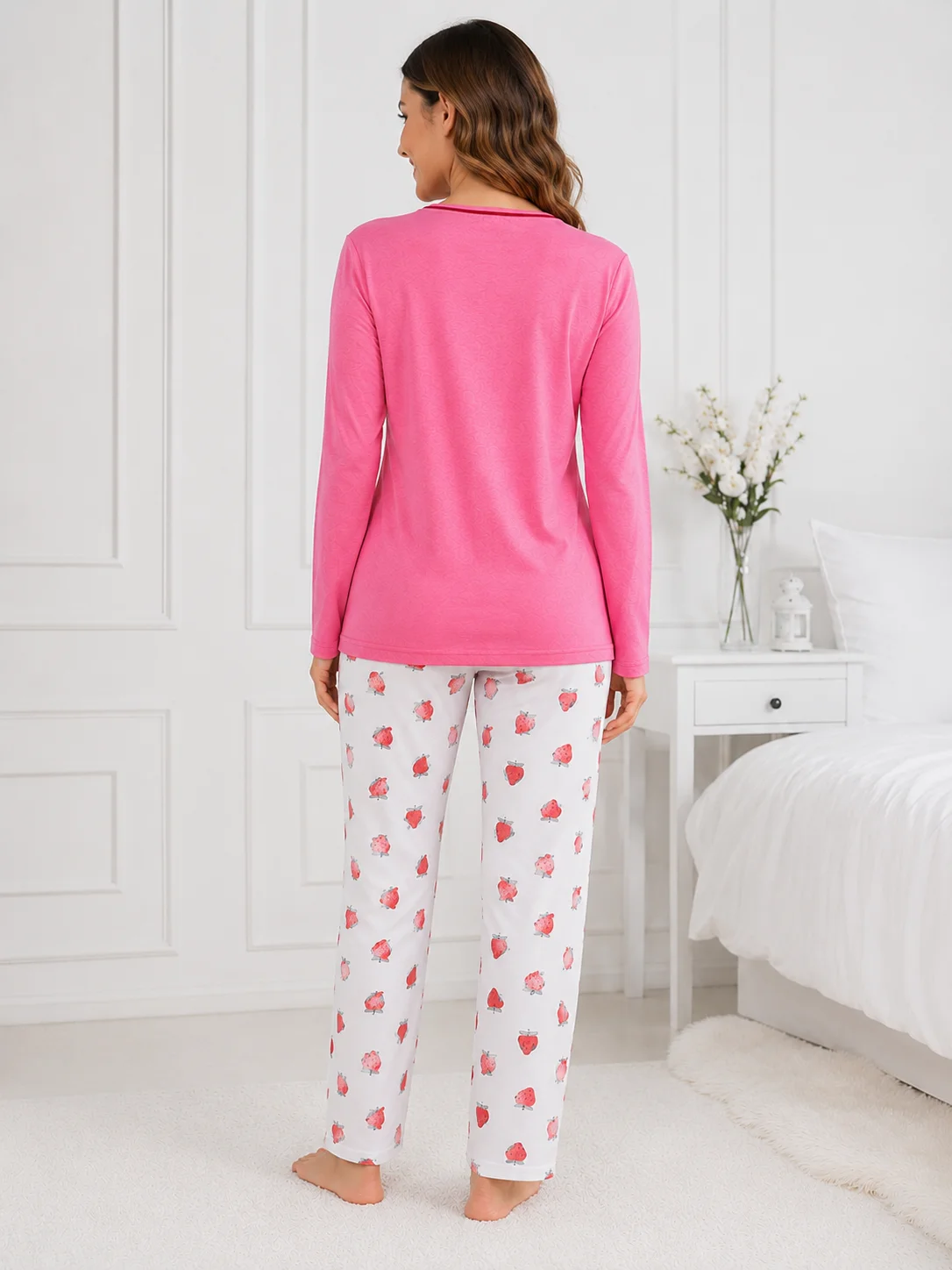 Pijama de Damă cu Bluză și Pantalon Alb cu Imprimeu Căpșuni- Roz Aprins