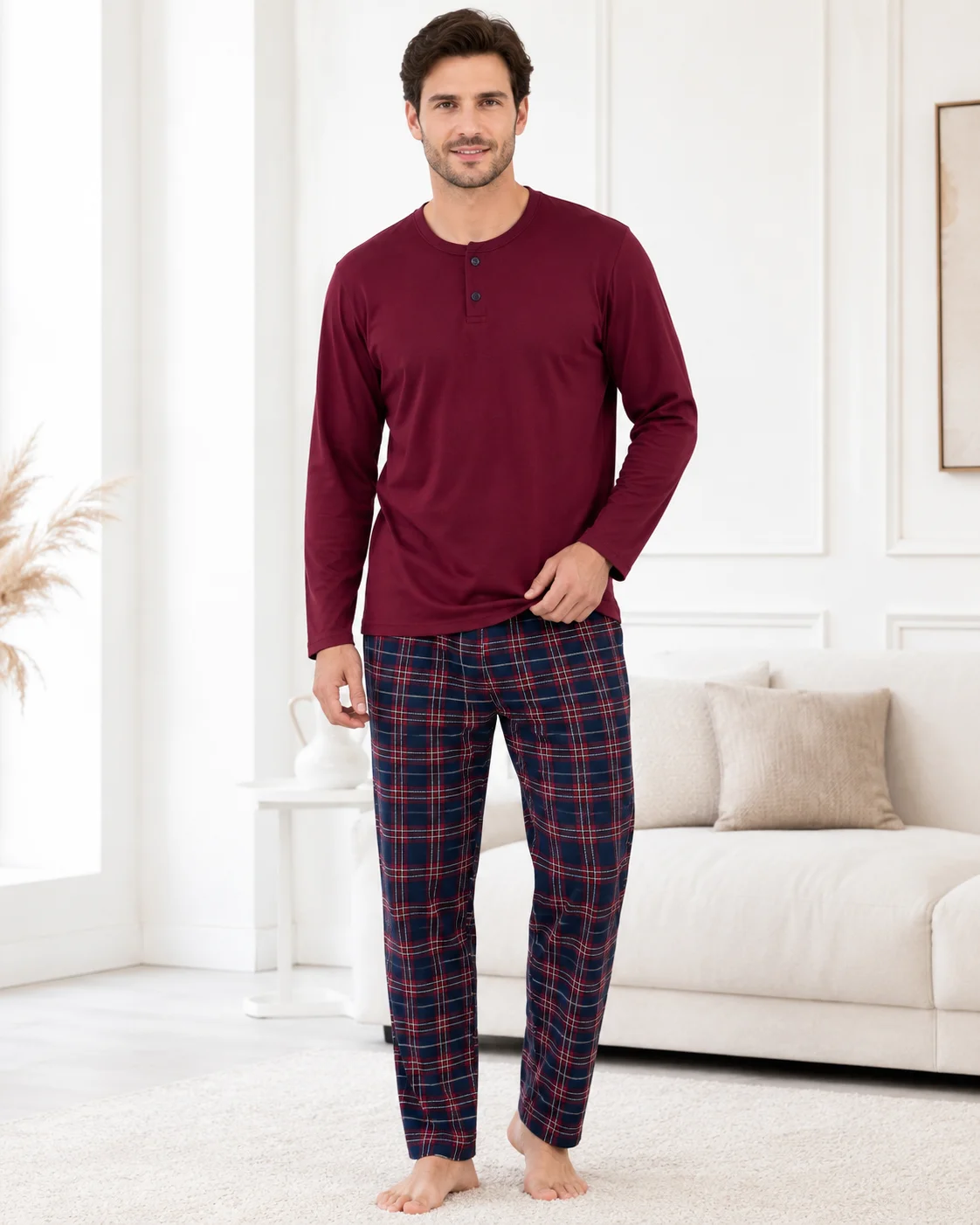 Pijama Barbati  cu Nasturi si Carouri Multicolore-Bordo