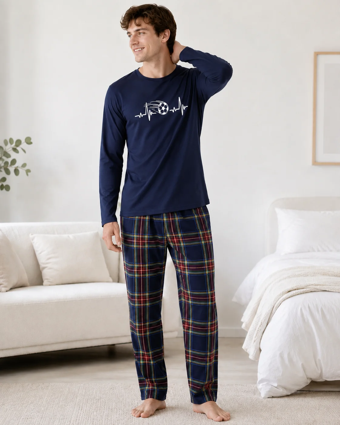 Set Pijama Barbati cu Imprimeu Fotbal și Pantaloni în Carouri-Bleumarin