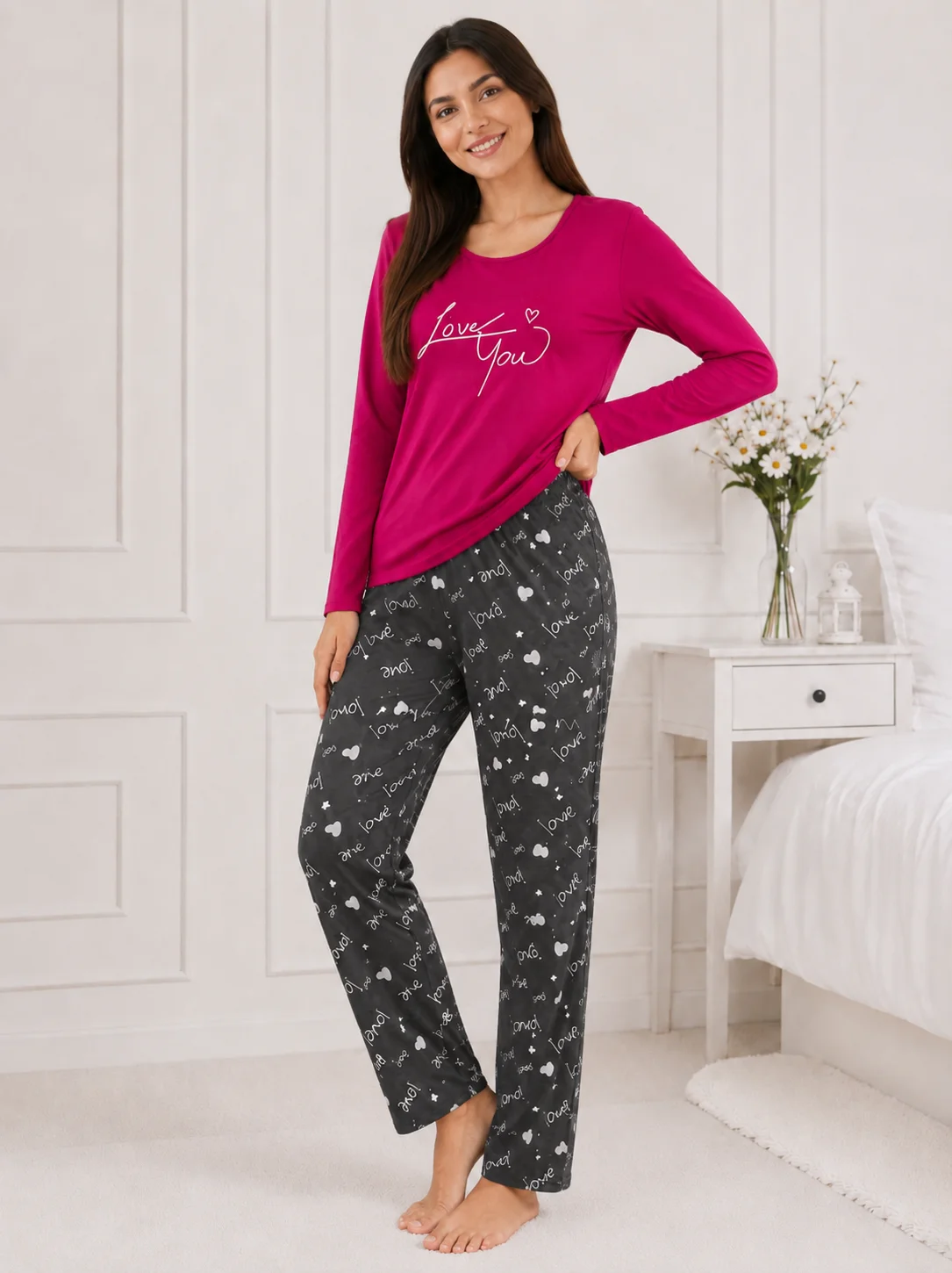 Pijama de damă cu mesaj „Love You” și pantaloni gri cu imprimeu-Fucsia